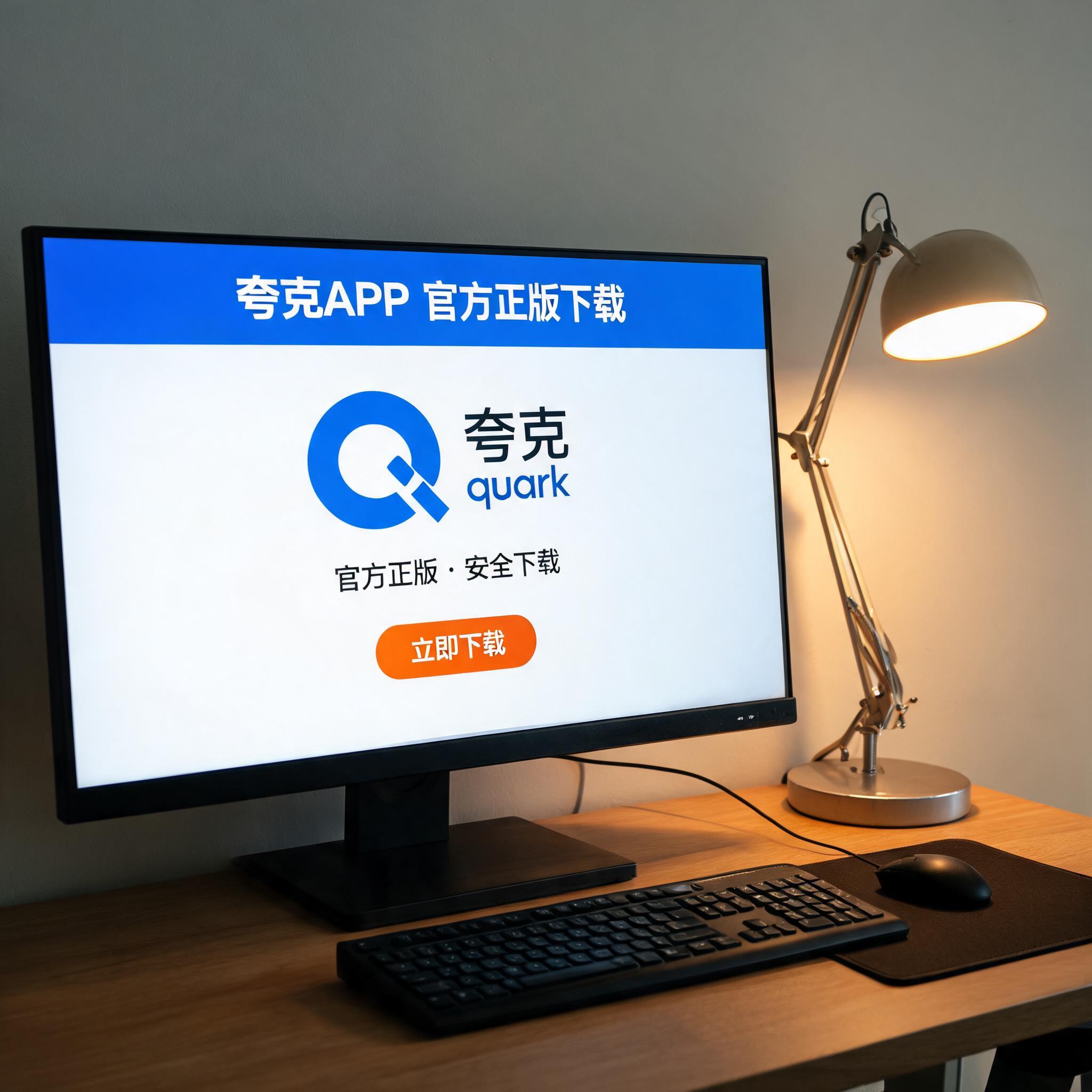 电脑桌上的电脑，屏幕显示夸克 APP 官方正版下载界面，旁边放着台灯