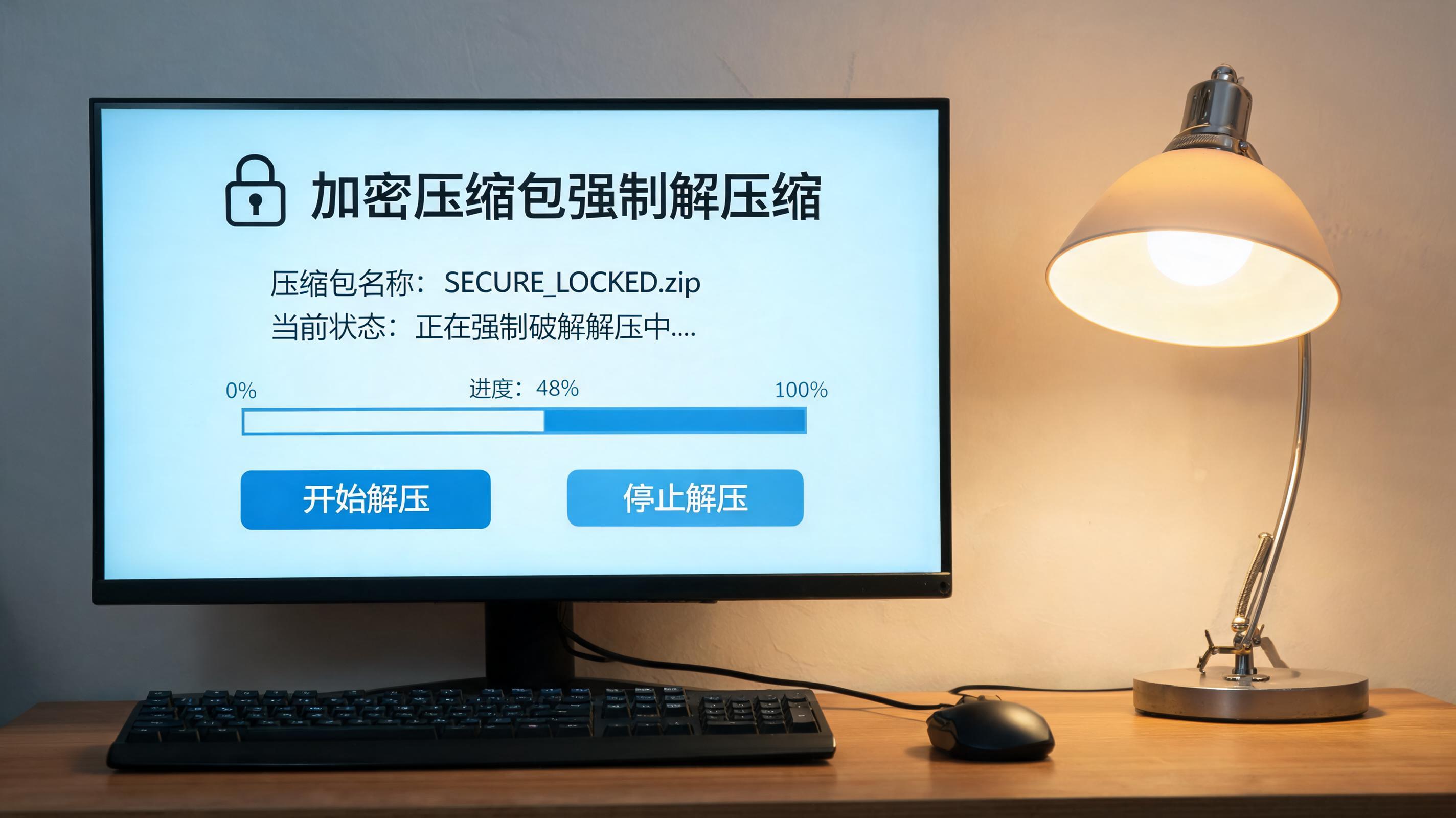 电脑桌上的电脑，屏幕显示加密压缩包强制解压缩界面，旁边放着台灯