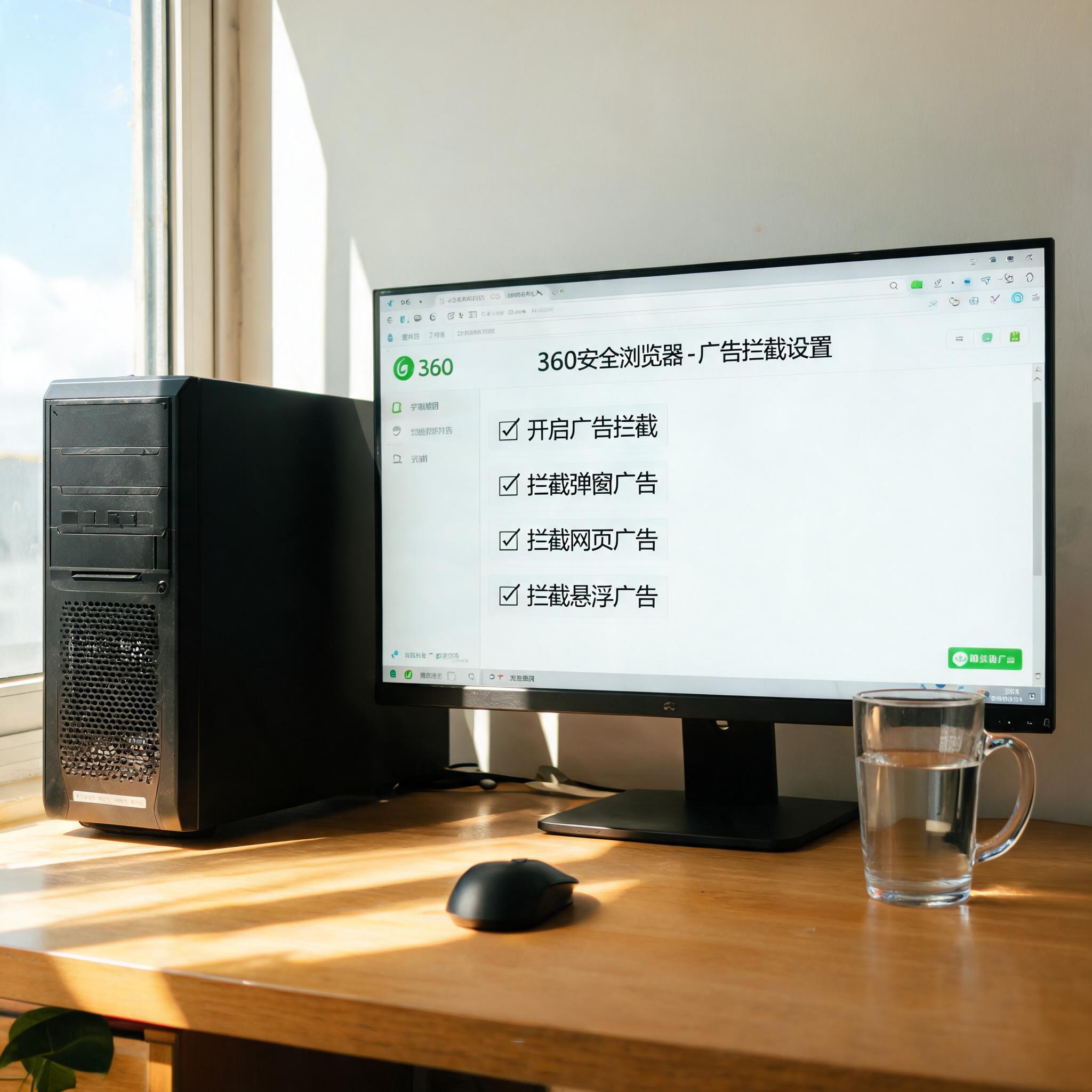 书桌上的主机，屏幕显示360 安全浏览器广告拦截设置界面，桌角放着水杯，自然光