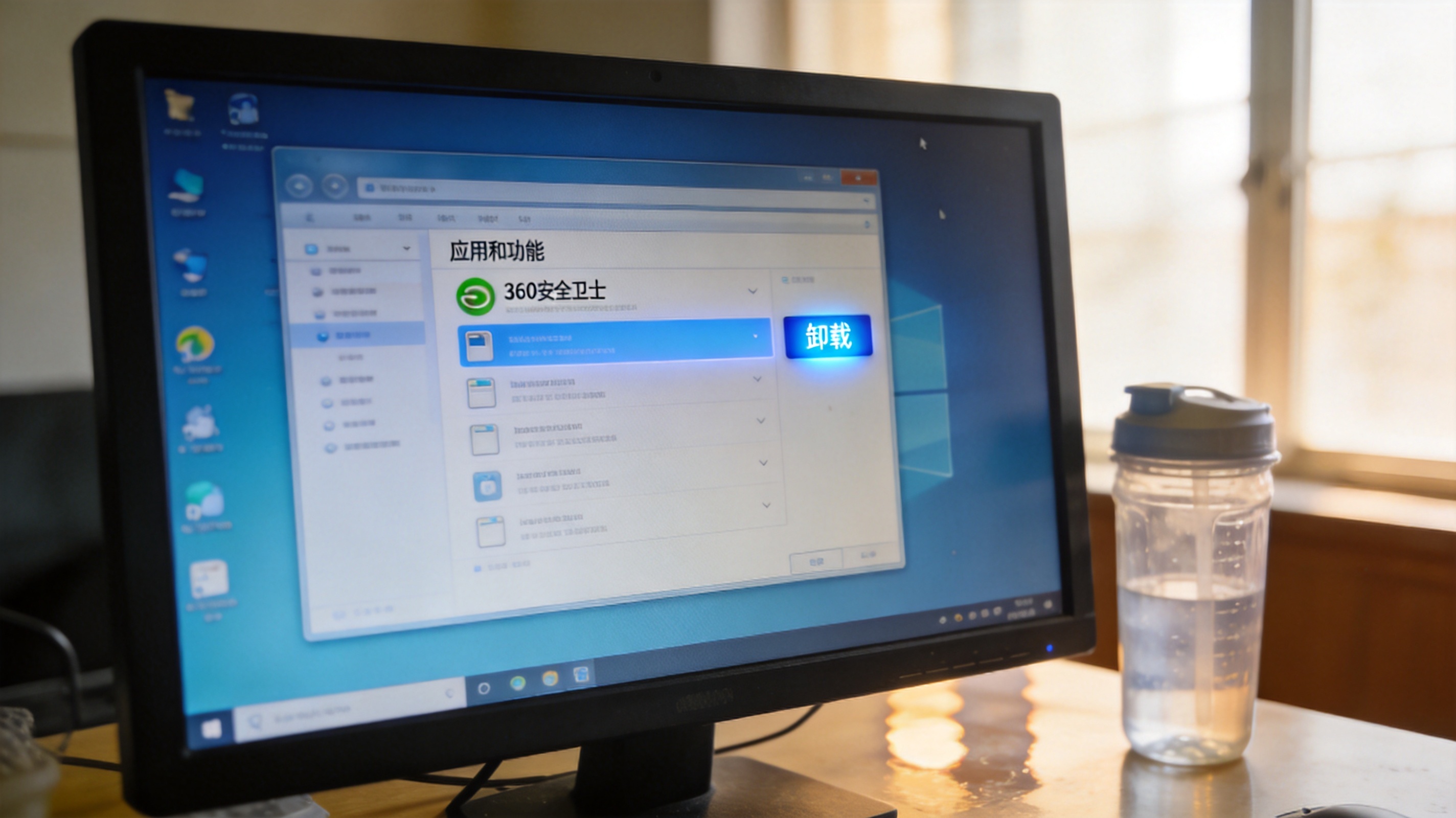 电脑桌面，屏幕显示Windows设置的应用和功能界面，360安全卫士选项旁的卸载按钮高亮，桌面角落放着塑料水杯，室内自然光