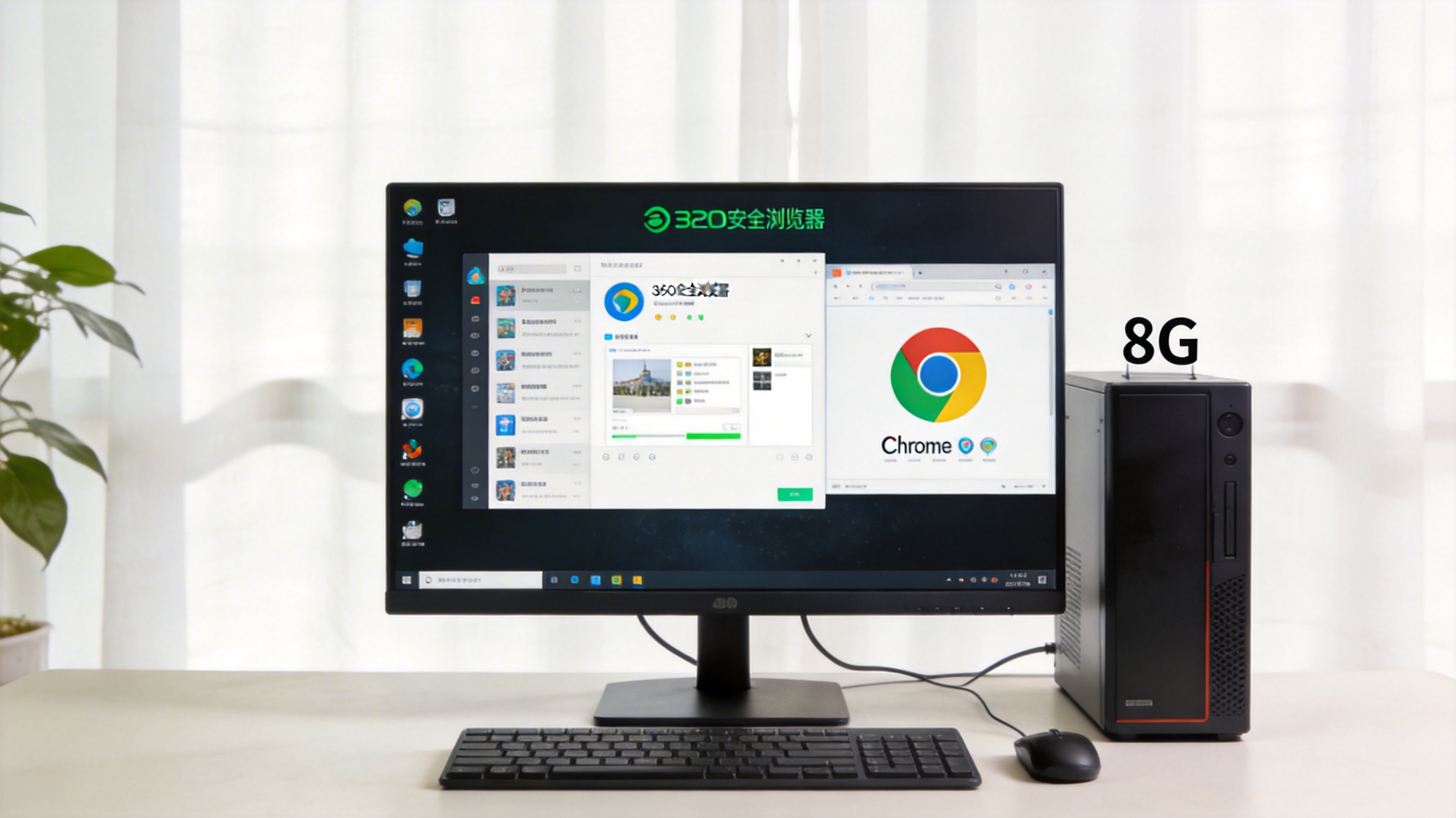 电脑桌面上，屏幕同时显示360安全浏览器和Chrome浏览器界面，旁边放着标注8G的主机机箱，室内自然光