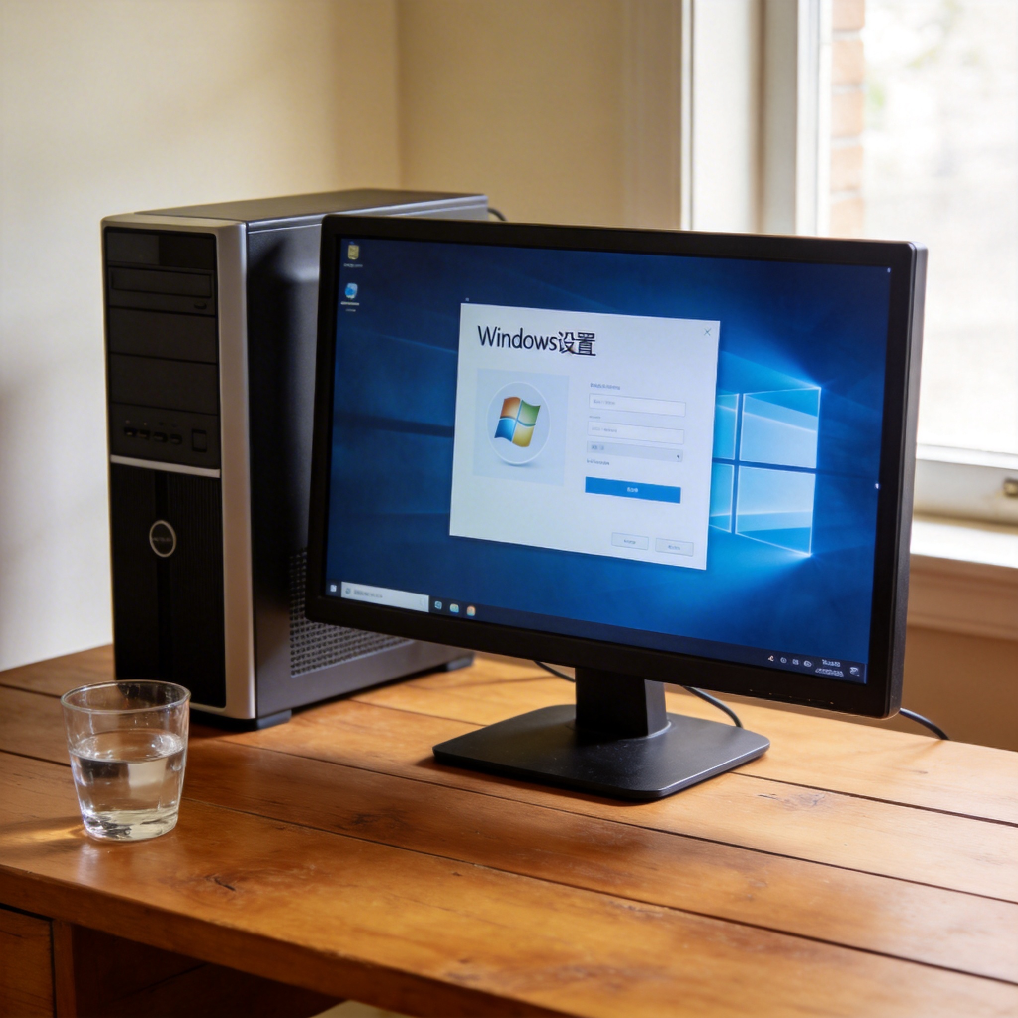 书桌上的主机，屏幕显示Windows设置界面，桌角放着水杯，自然光