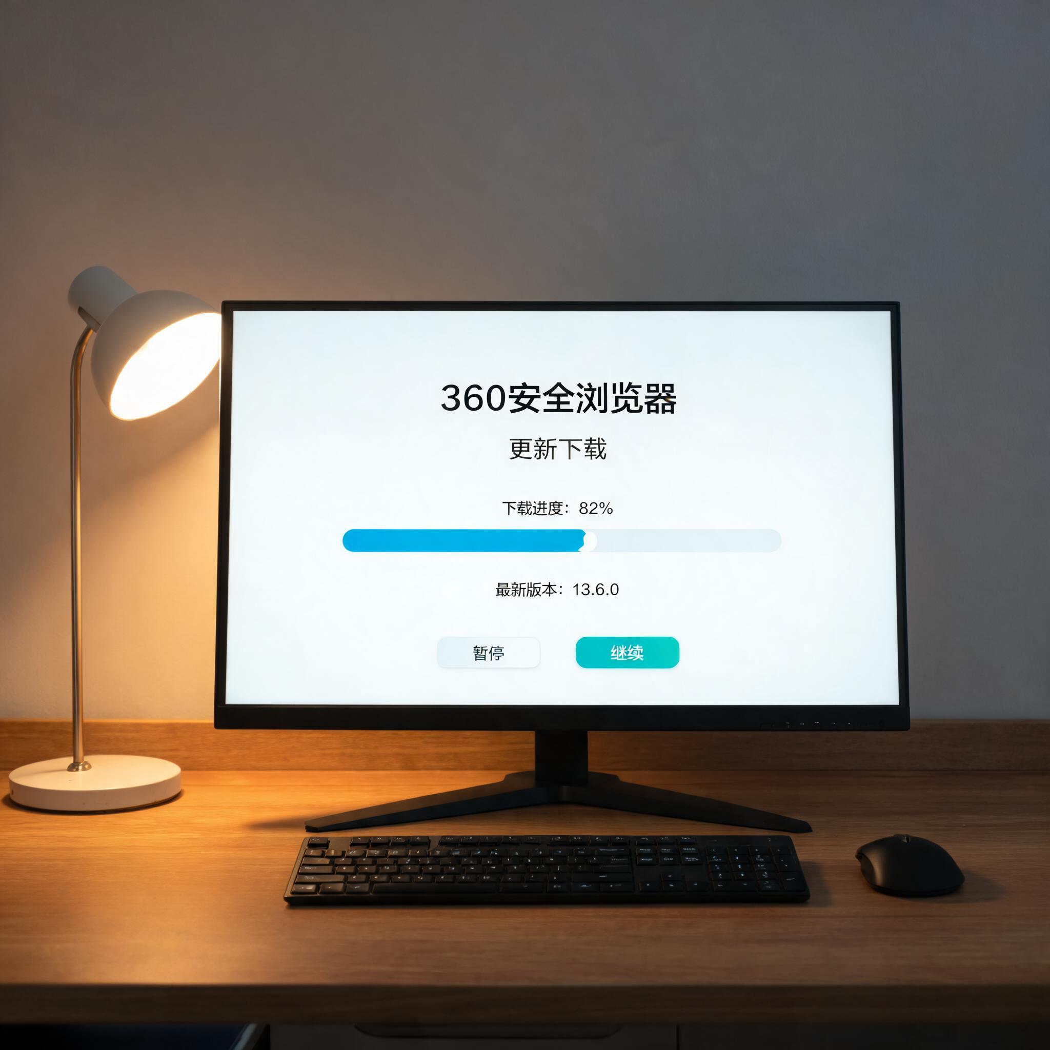 电脑桌上的电脑，屏幕显示360 安全浏览器更新下载菜单，旁边放着台灯