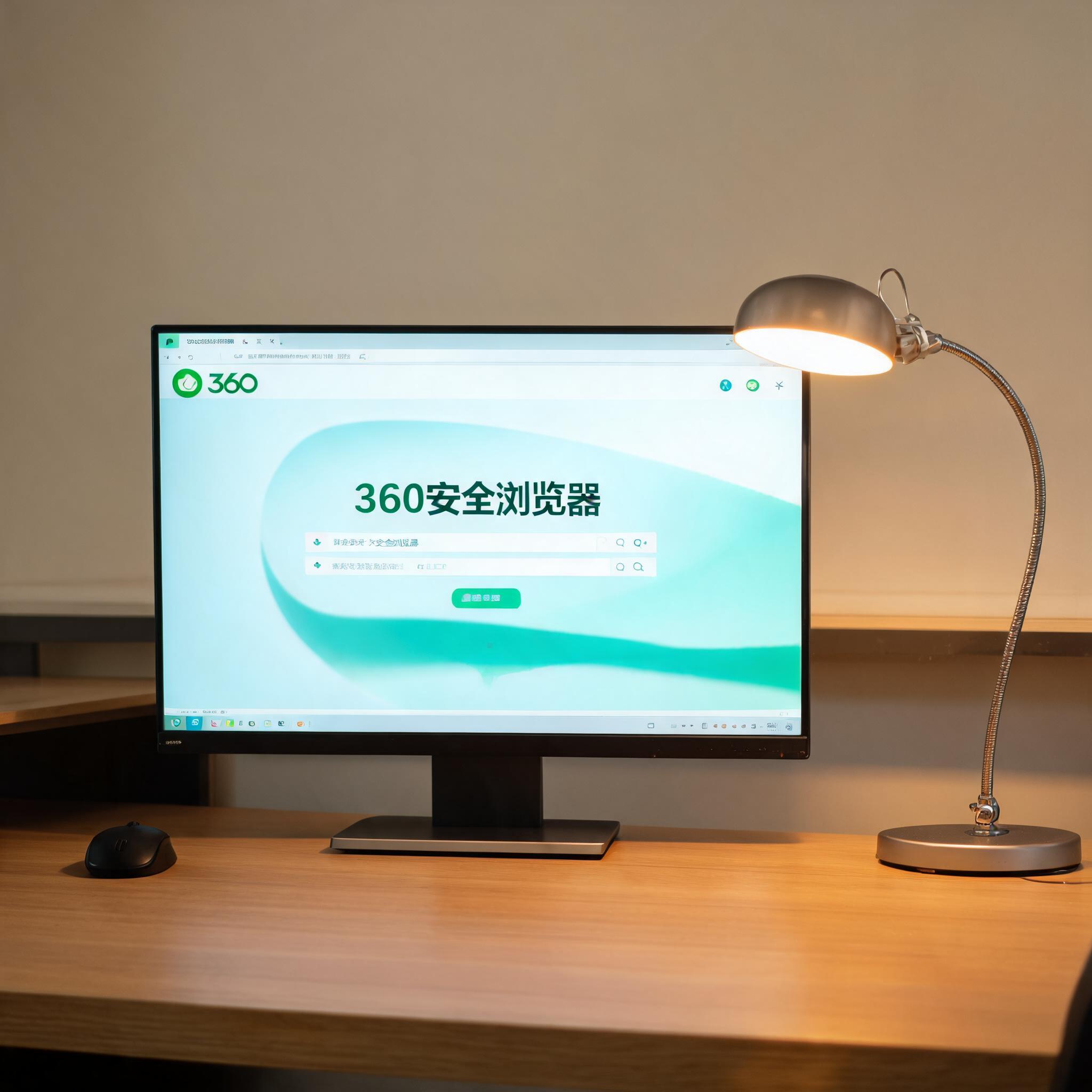 电脑桌上的电脑，屏幕显示安全浏览器 360 官方界面，旁边放着台灯