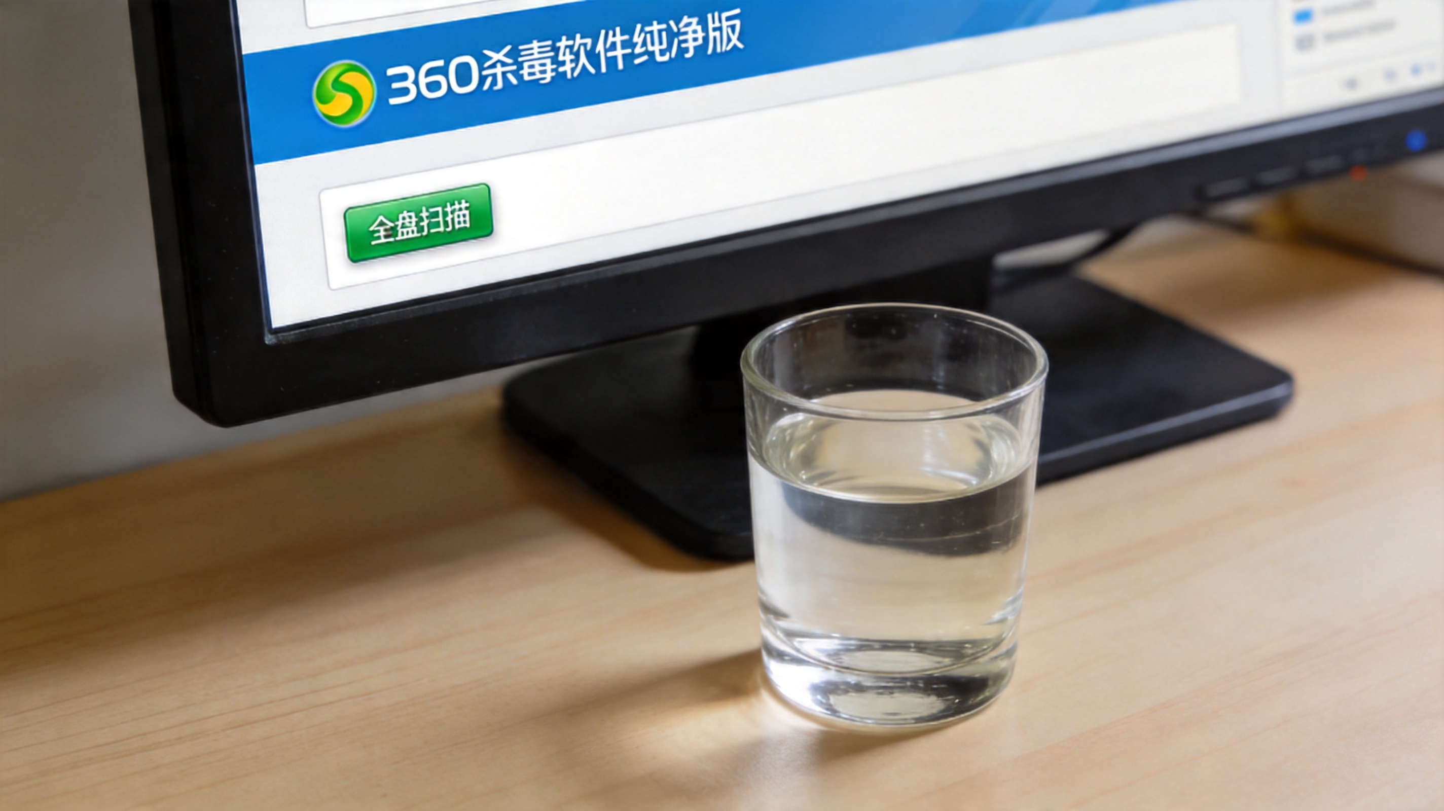 电脑桌面，屏幕显示360杀毒软件纯净版首页，页面上有“全盘扫描”按钮，旁边放着半杯凉白开，室内自然光