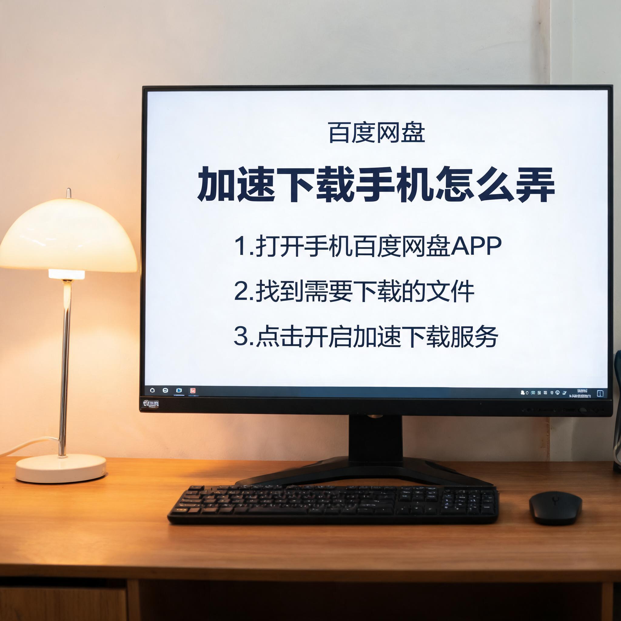 电脑桌上的电脑，屏幕显示百度网盘加速下载手机怎么弄界面，旁边放着台灯