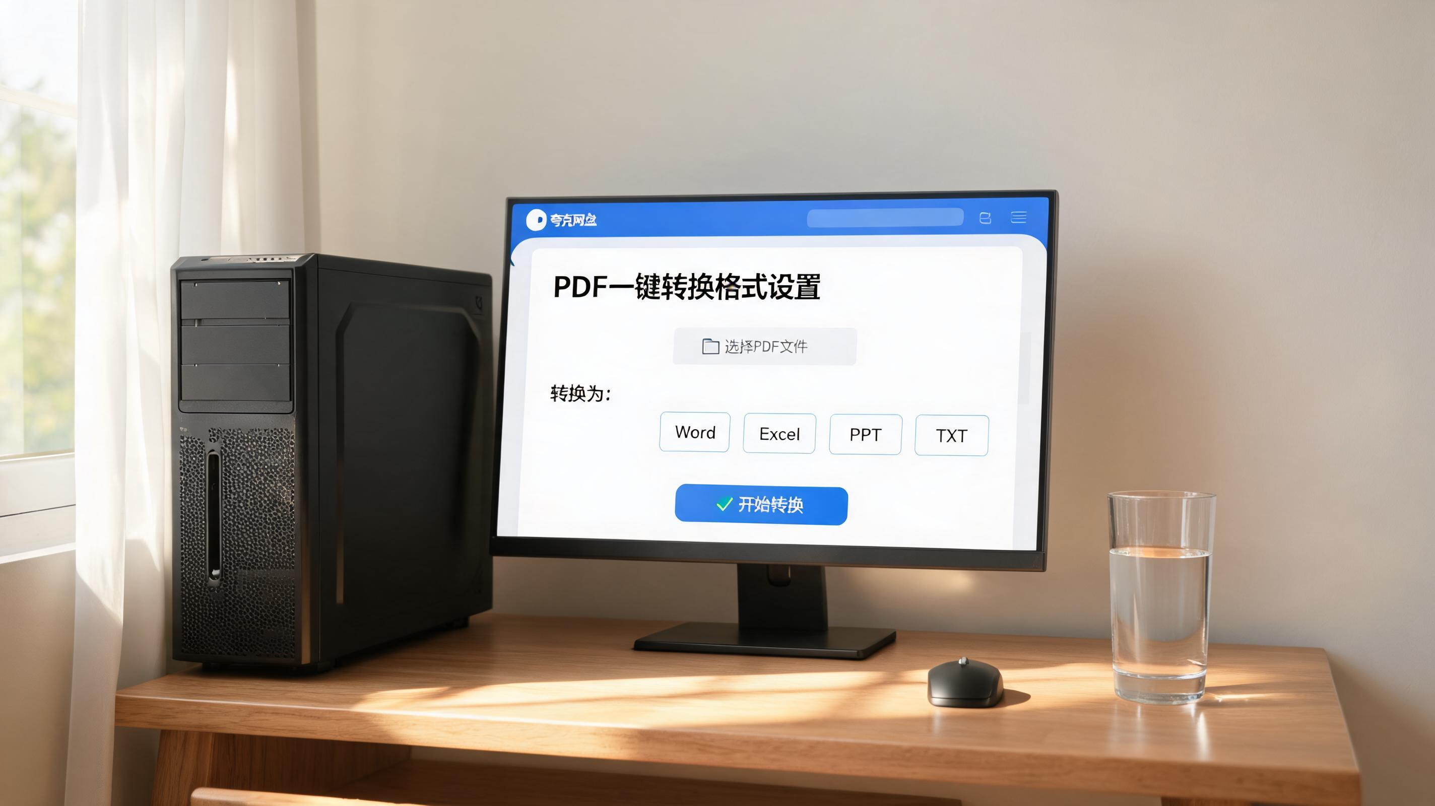 书桌上的主机，屏幕显示夸克网盘 PDF 一键转换格式设置界面，桌角放着水杯，自然光