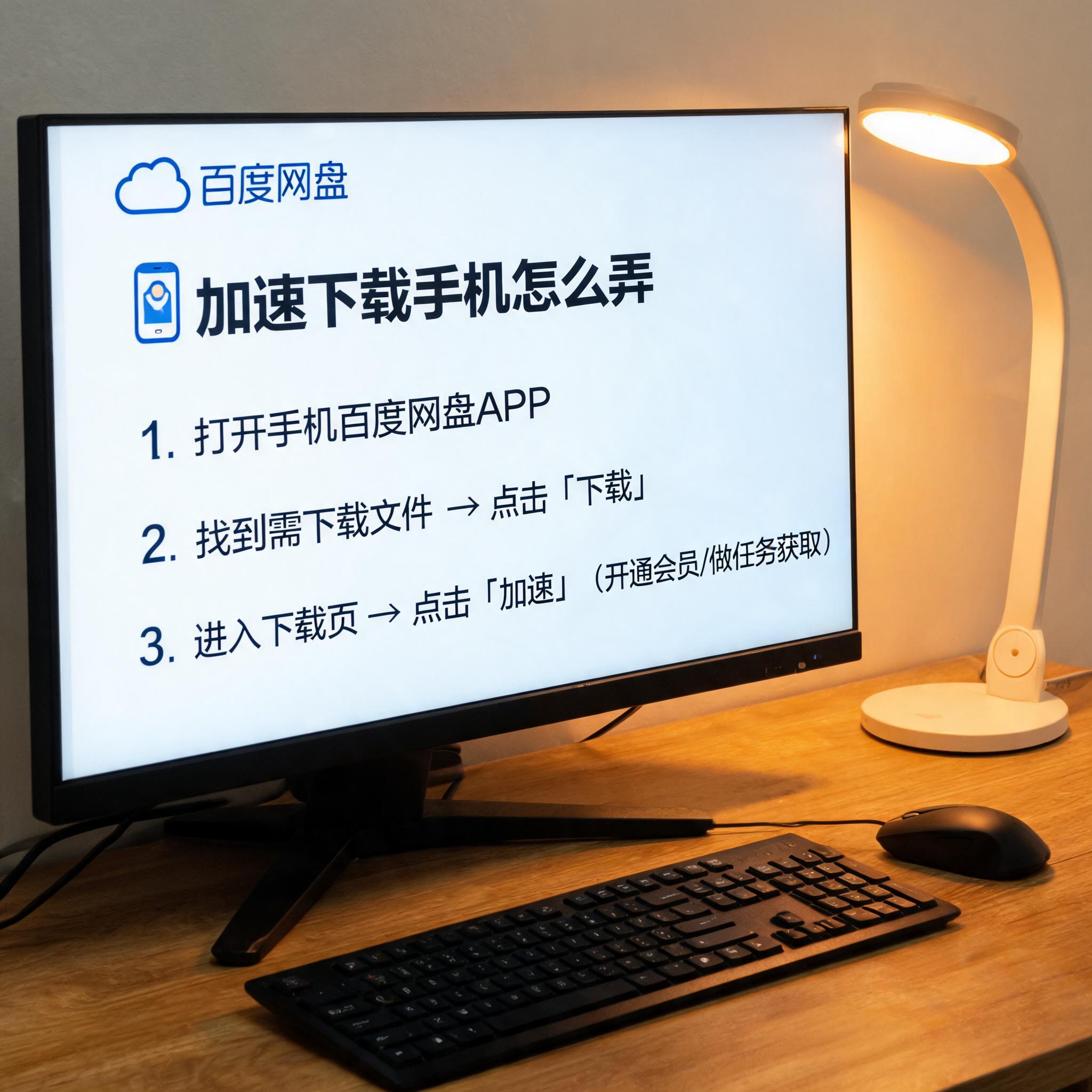 电脑桌上的电脑，屏幕显示百度网盘加速下载手机怎么弄界面，旁边放着台灯