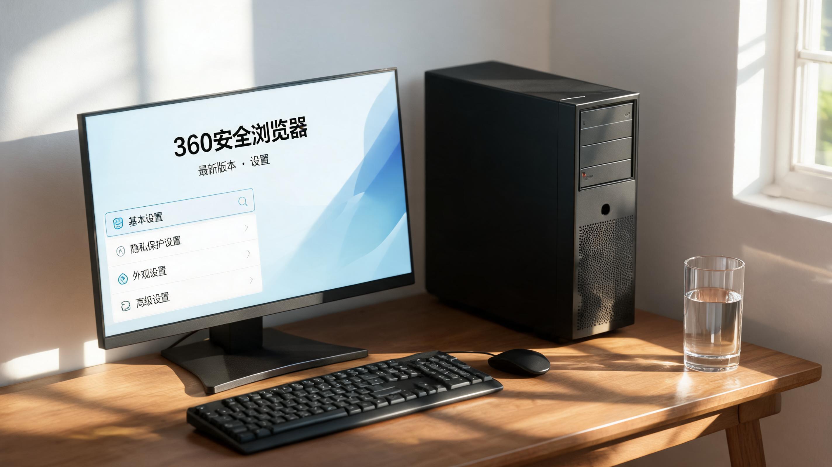 书桌上的主机，屏幕显示360 安全浏览器最新版本设置界面，桌角放着水杯，自然光