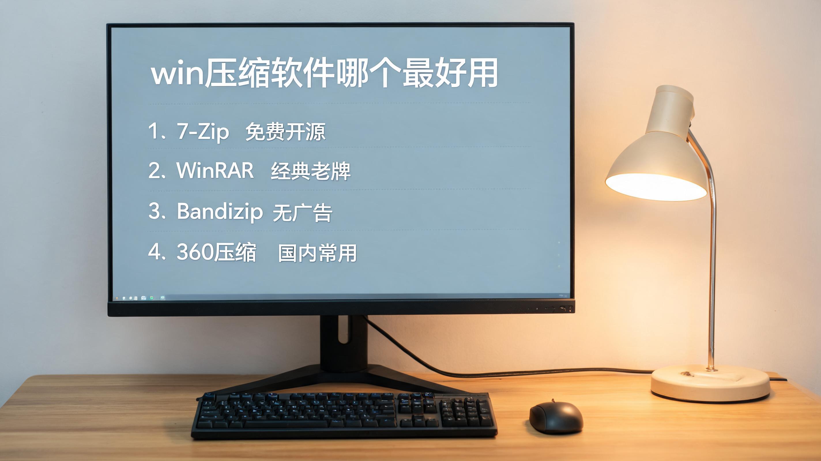 电脑桌上的电脑，屏幕显示win 压缩软件哪个最好用界面，旁边放着台灯