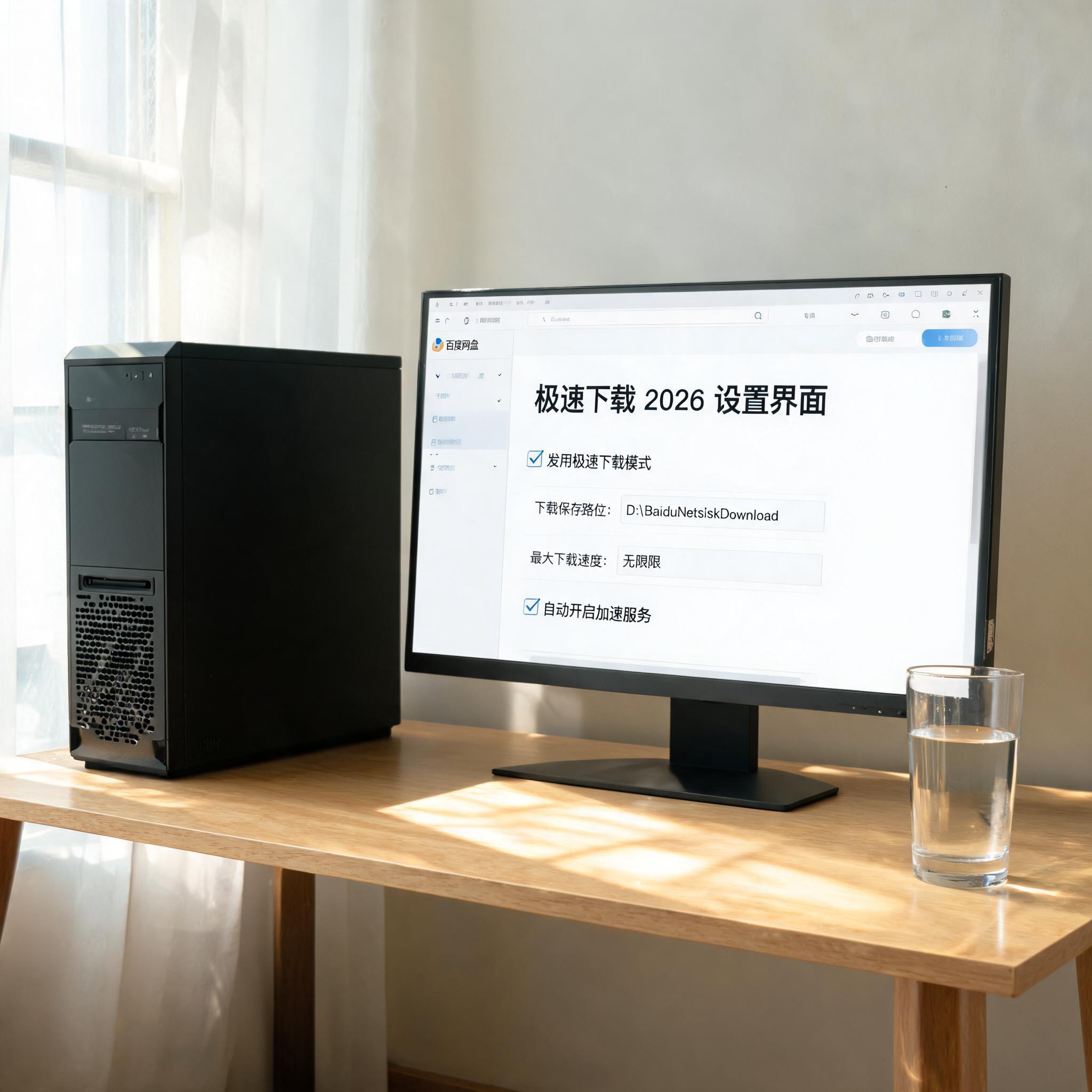 书桌上的主机，屏幕显示百度网盘极速下载 2026设置界面，桌角放着水杯，自然光