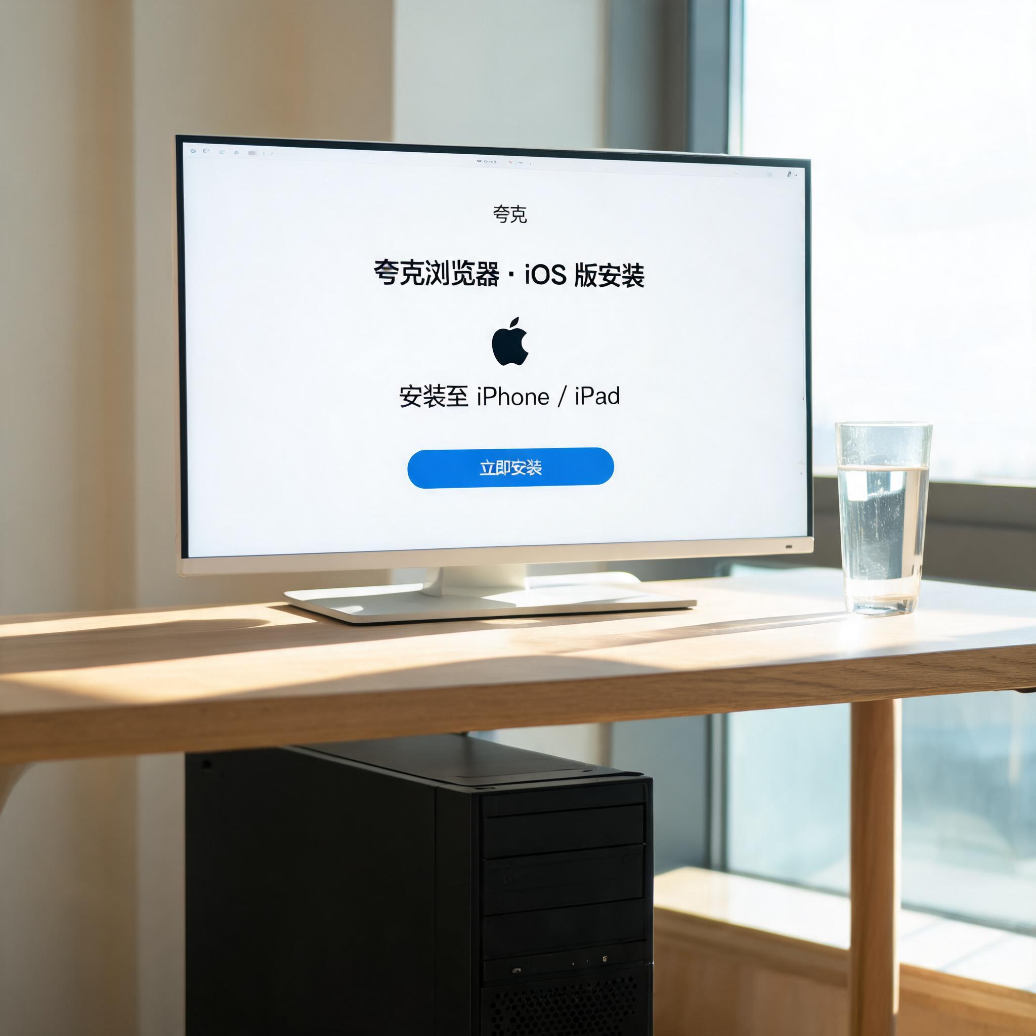书桌上的主机，屏幕显示夸克浏览器苹果 iOS 版安装设置界面，桌角放着水杯，自然光