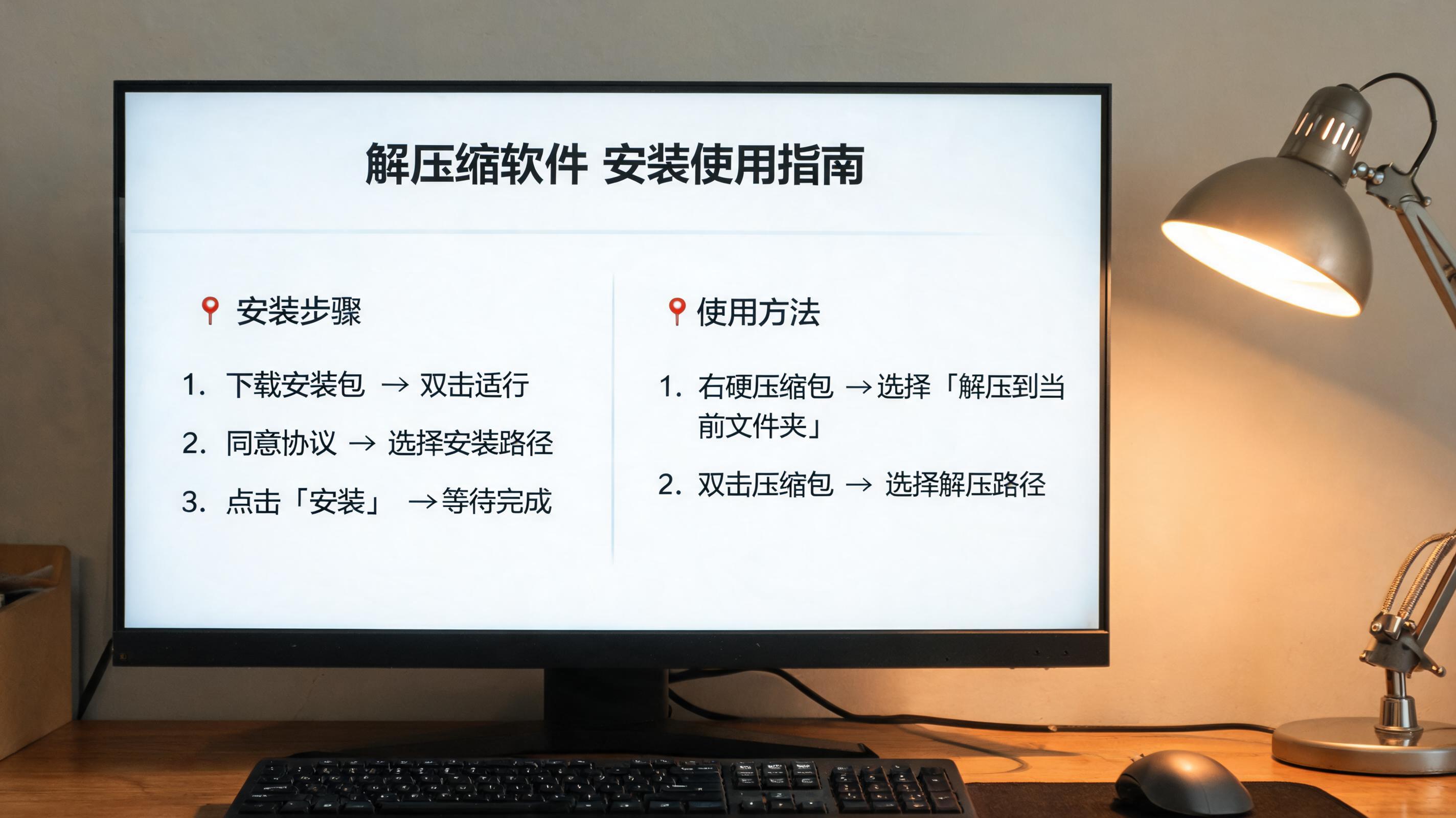 电脑桌上的电脑，屏幕显示解压缩软件怎么安装使用界面，旁边放着台灯