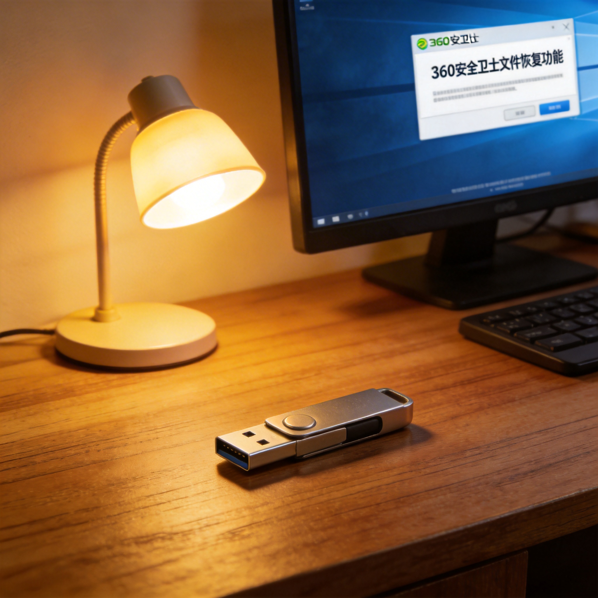 电脑桌上的U盘，屏幕显示360 安全卫士文件恢复功能界面，旁边放着台灯