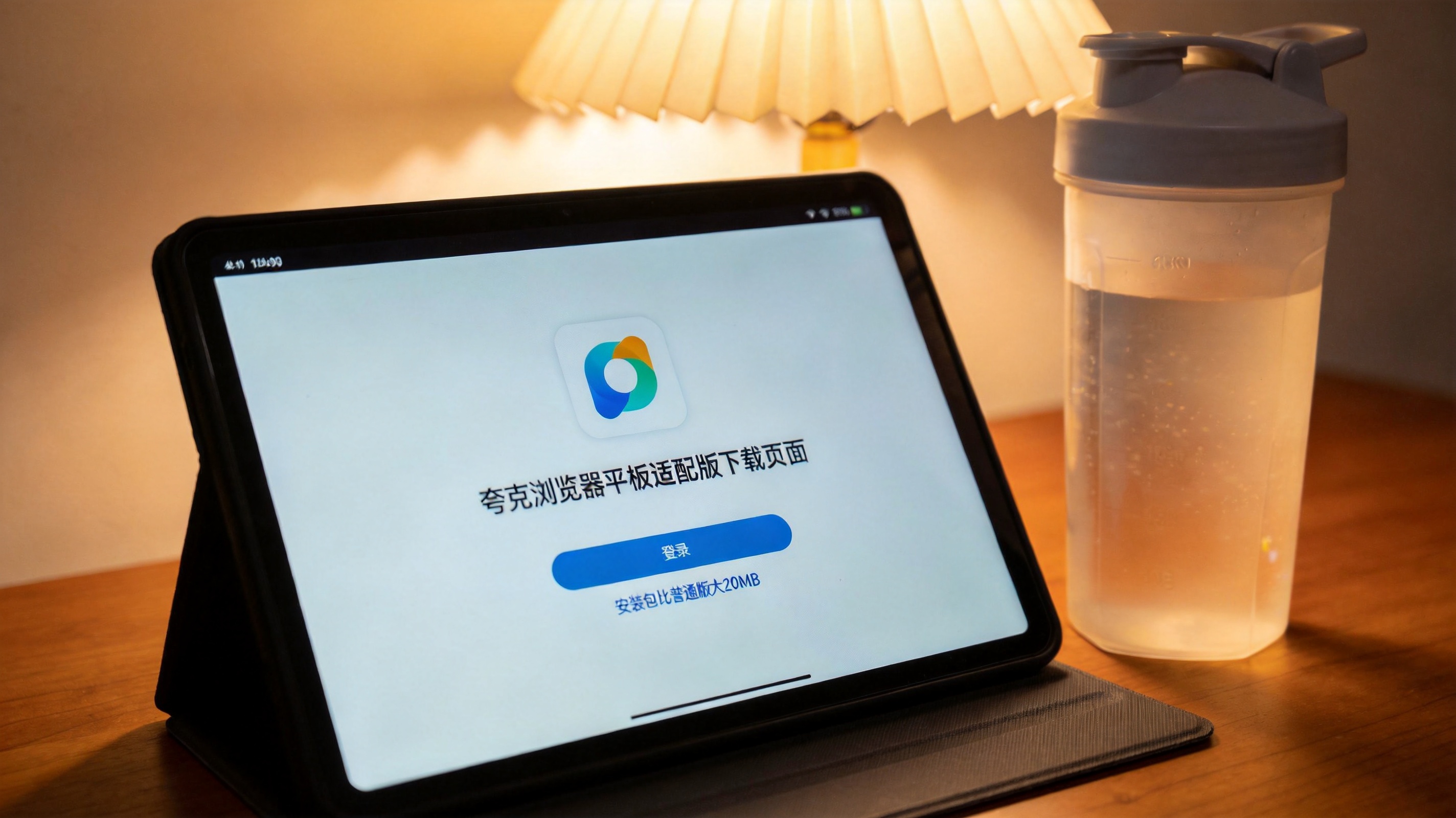 桌面的安卓平板屏幕显示夸克浏览器平板适配版下载页面，标注安装包比普通版大20MB，旁边放着半透明塑料水杯，台灯暖光