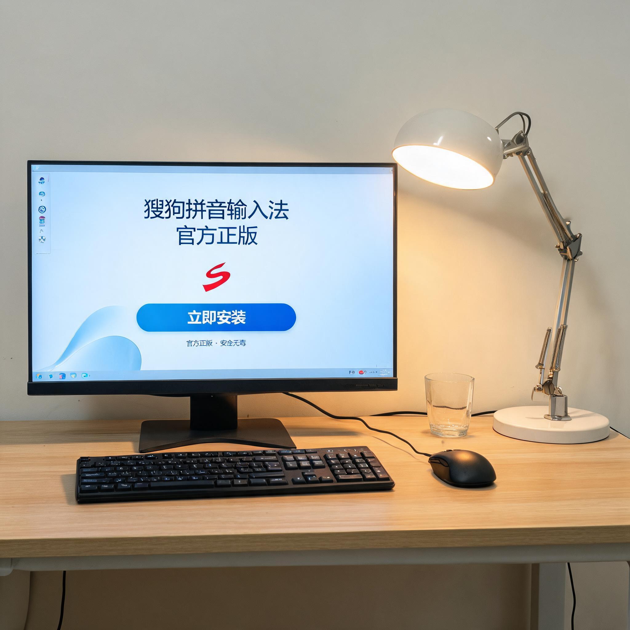 电脑桌上的电脑，屏幕显示搜狗拼音官方正版安装桌面，旁边放着台灯