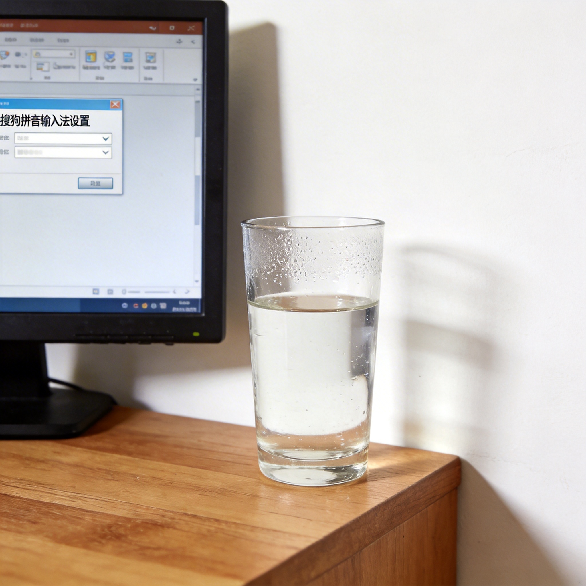 书桌上的电脑，屏幕显示搜狗拼音设置界面，桌角放着水杯，自然光