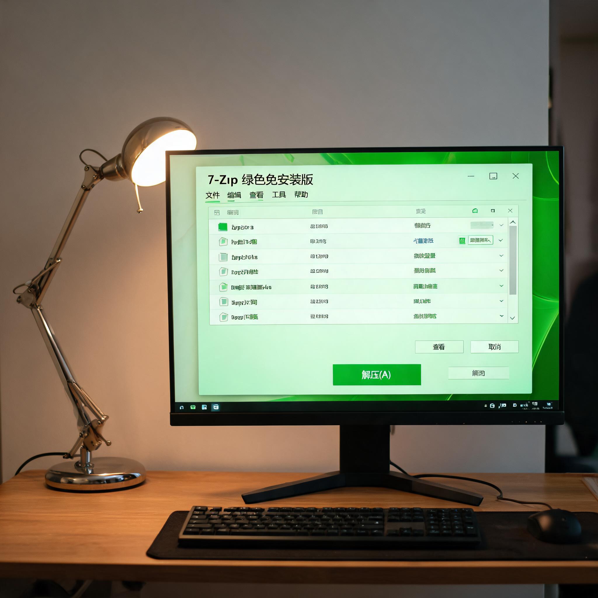电脑桌上的电脑，屏幕显示绿色版解压缩工具免安装界面，旁边放着台灯