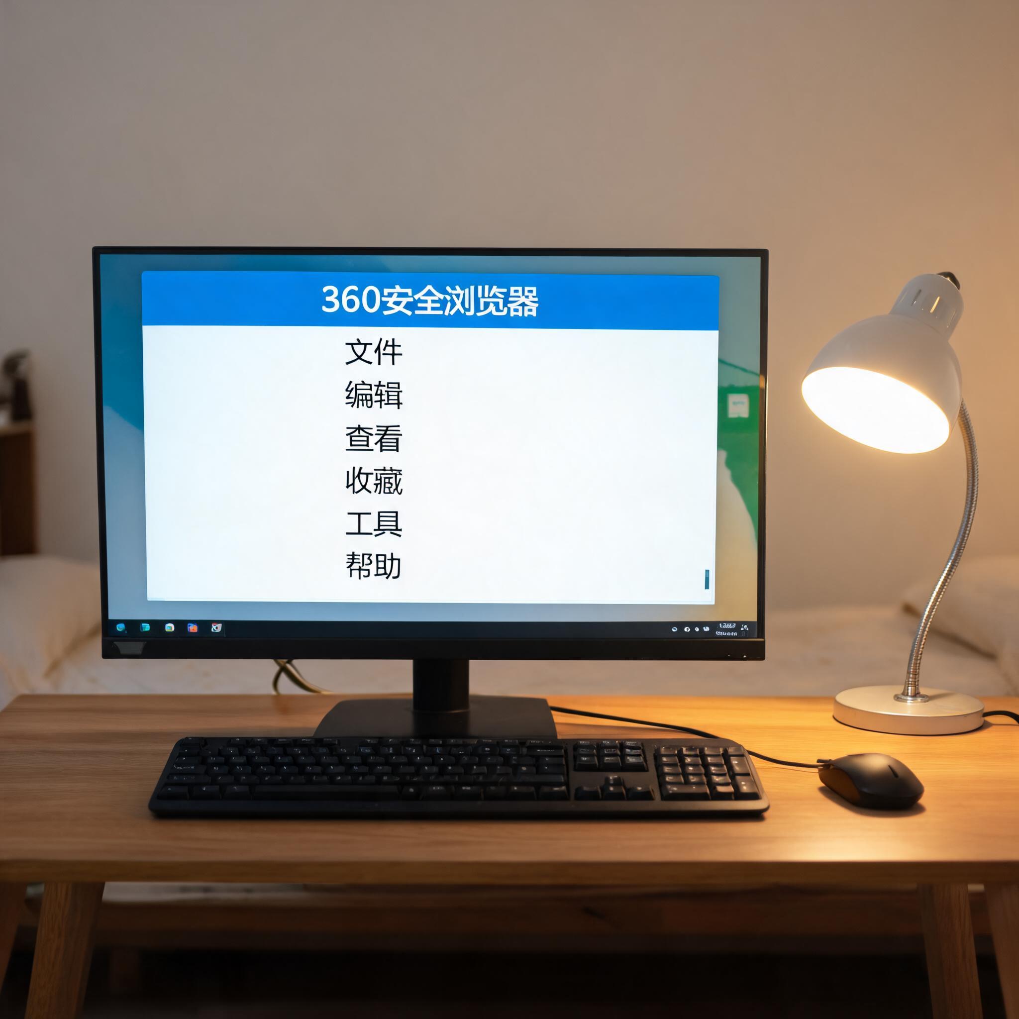 电脑桌上的电脑，屏幕显示360 安全浏览器电脑版菜单，旁边放着台灯