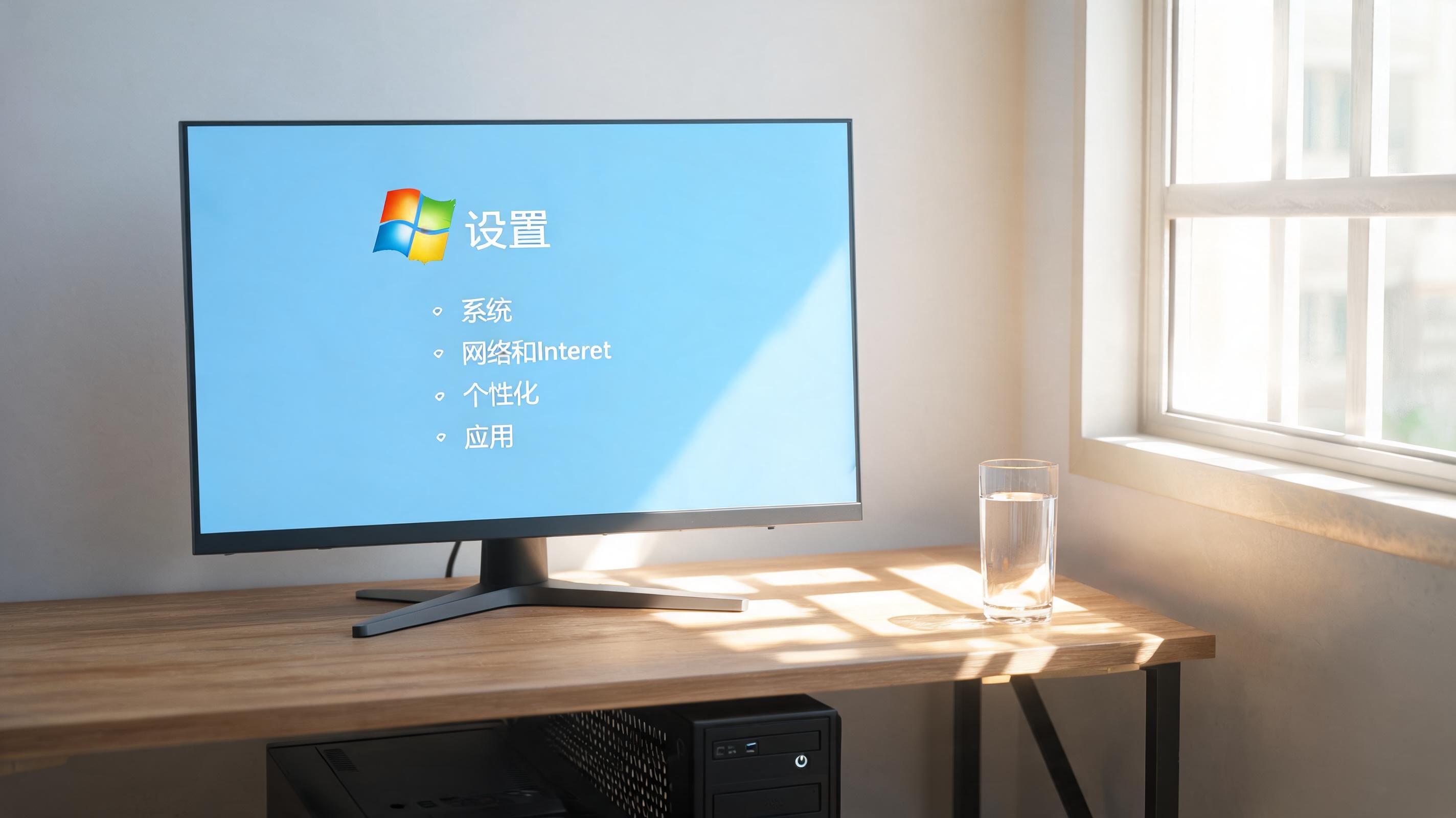 书桌上的主机，屏幕显示Windows设置界面，桌角放着水杯，自然光