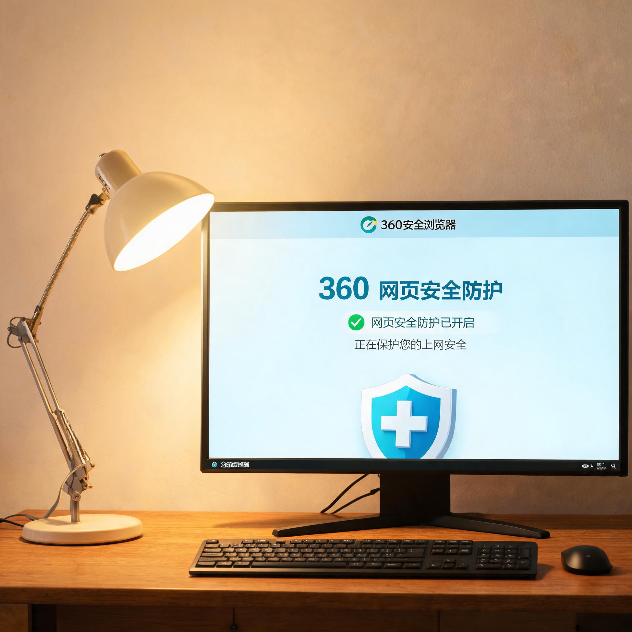 电脑桌上的电脑，屏幕显示360 浏览器网页安全防护界面，旁边放着台灯