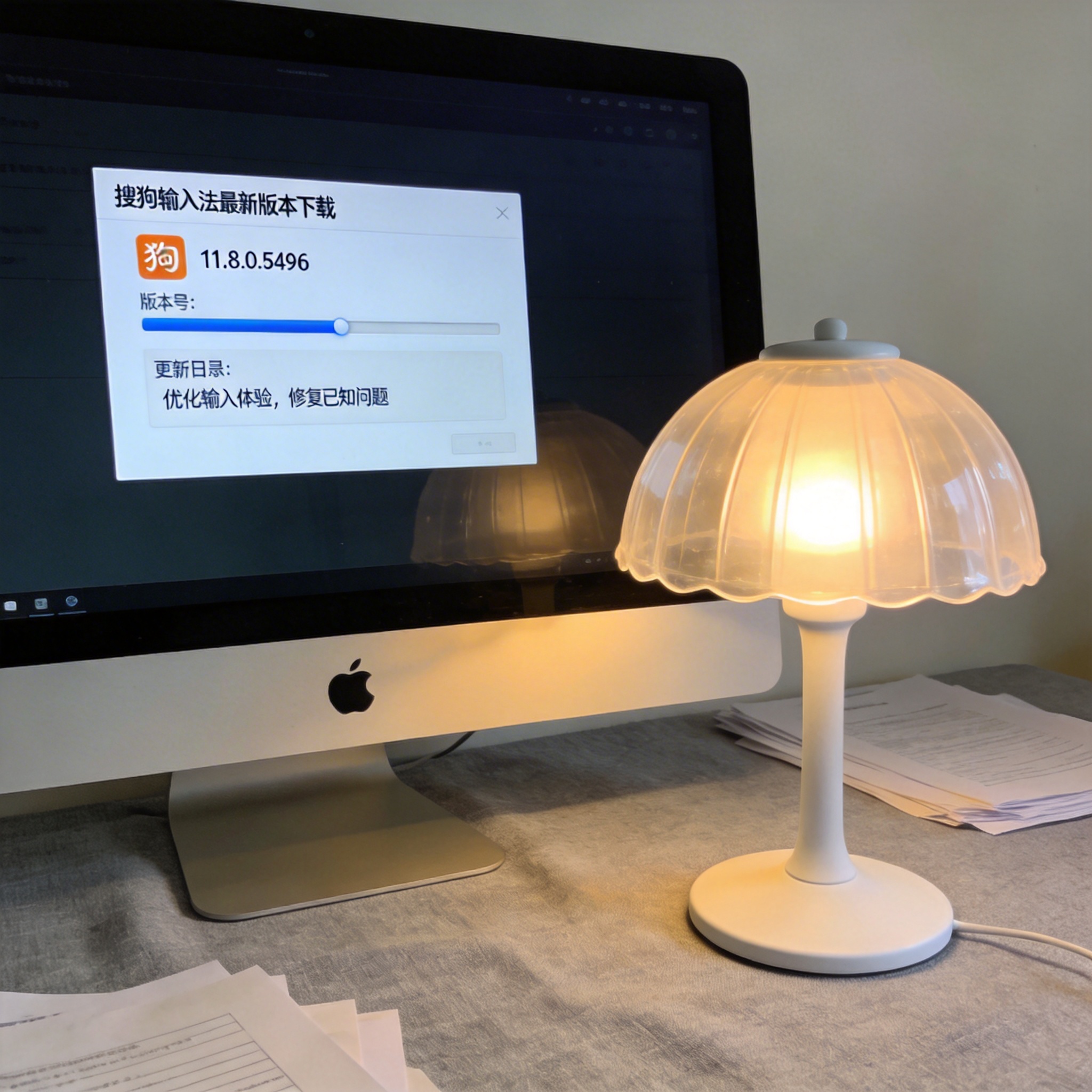 电脑桌上的电脑，屏幕显示搜狗输入法最新版本下载界面，旁边放着台灯