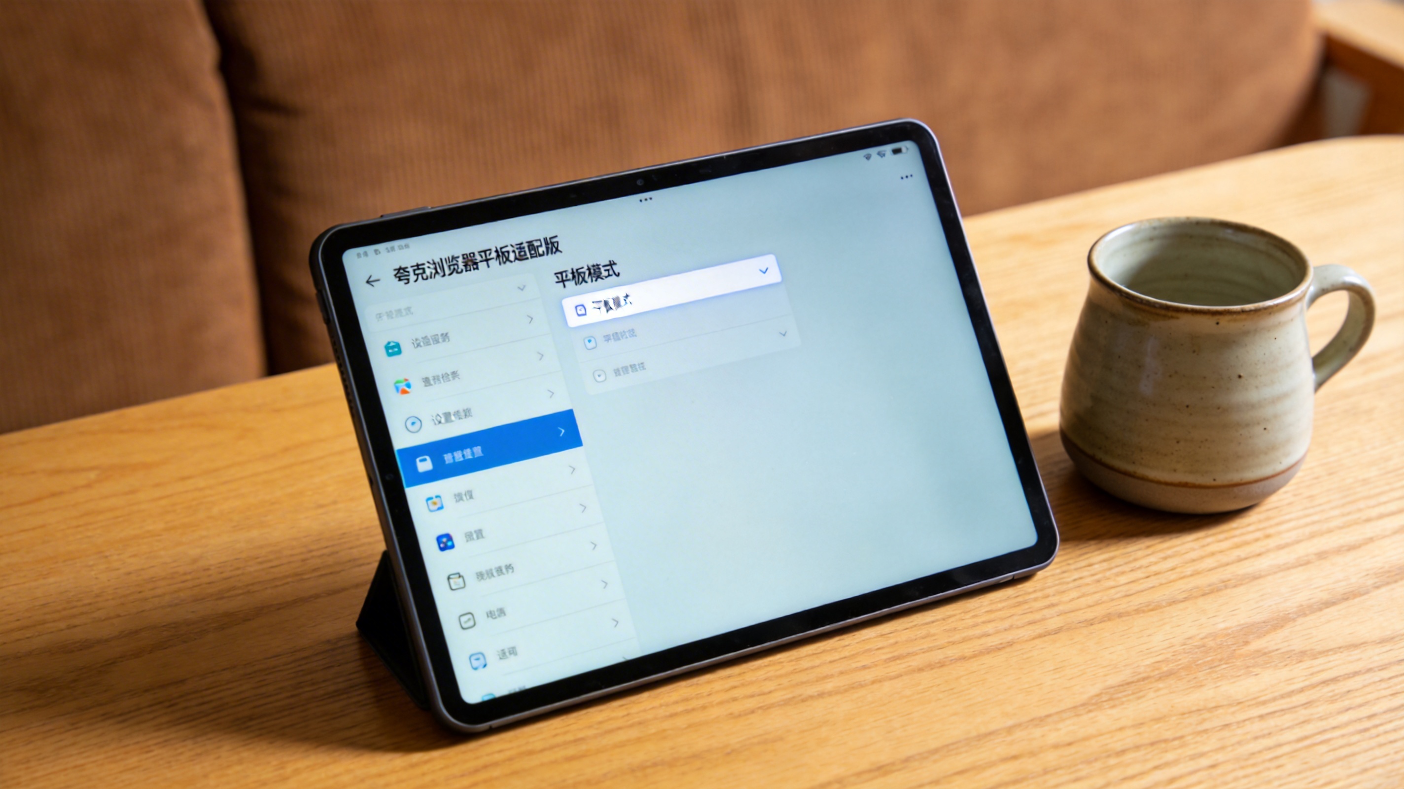 书桌的平板，屏幕显示夸克浏览器平板适配版的设置页面，打开“平板模式”选项栏，旁边放着陶瓷水杯，室内自然光