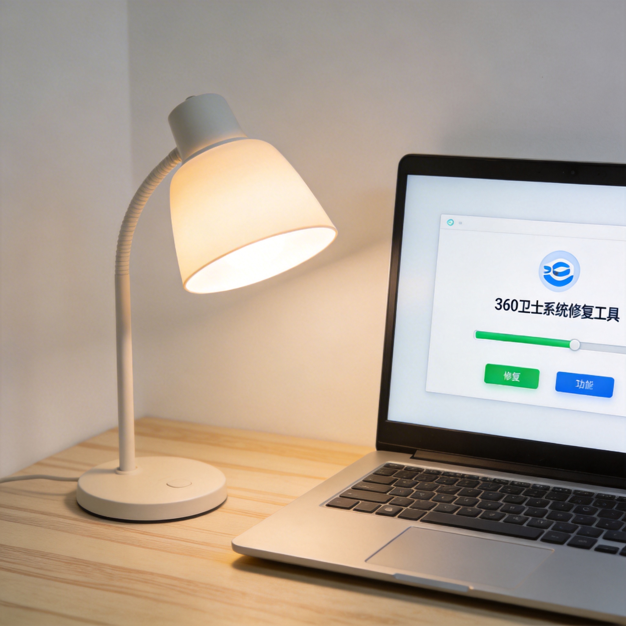 电脑桌上的电脑，屏幕显示360 卫士系统修复工具界面，旁边放着台灯
