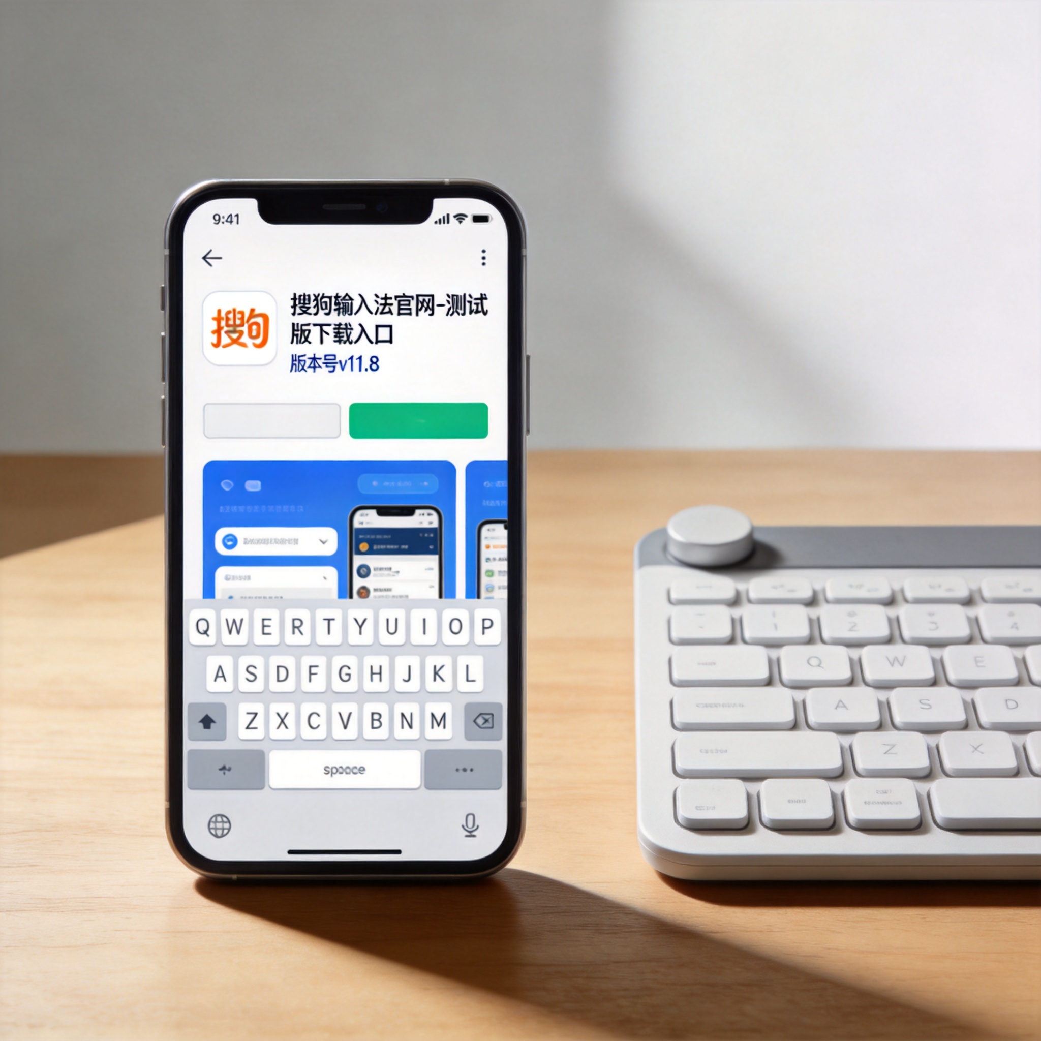桌面的手机屏幕显示搜狗输入法官网的测试版下载入口，界面标注版本号v11.8，旁边放着无线键盘