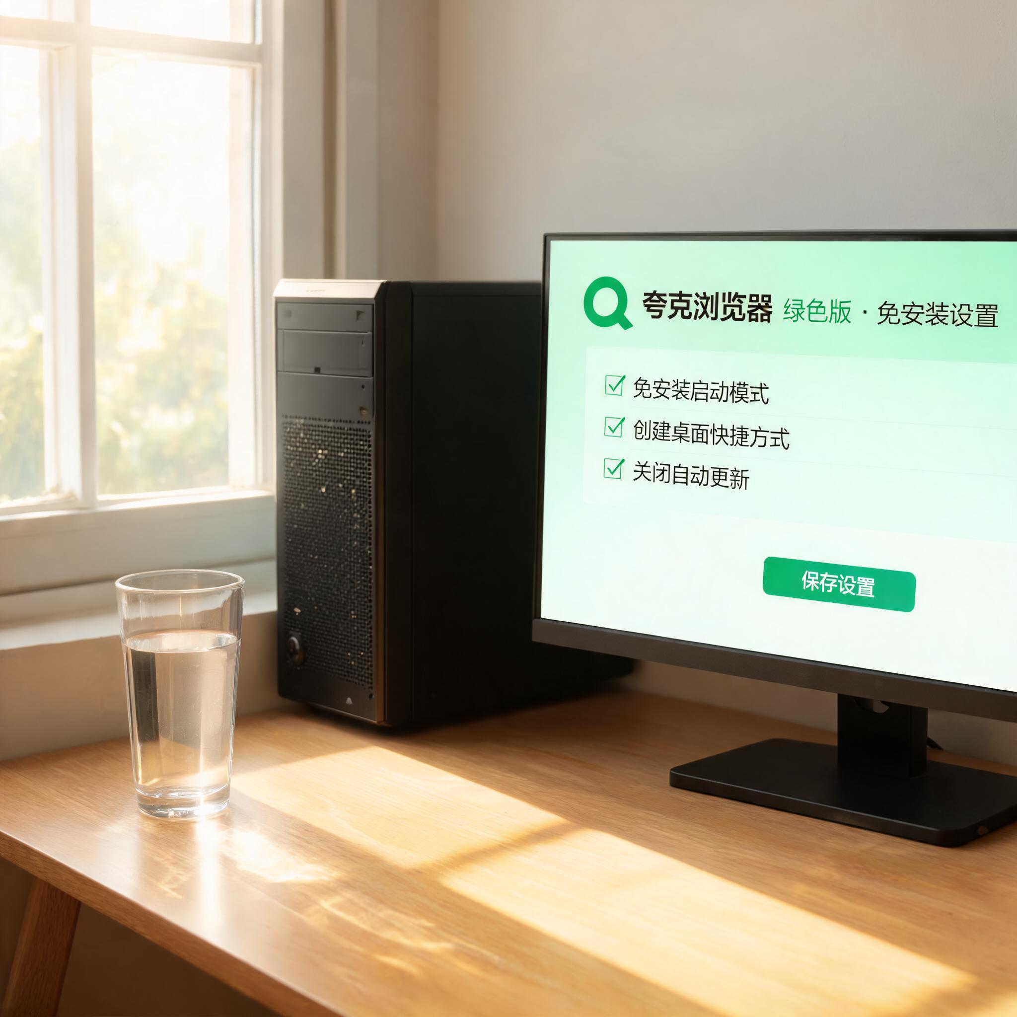 书桌上的主机，屏幕显示夸克浏览器绿色版免安装设置界面，桌角放着水杯，自然光