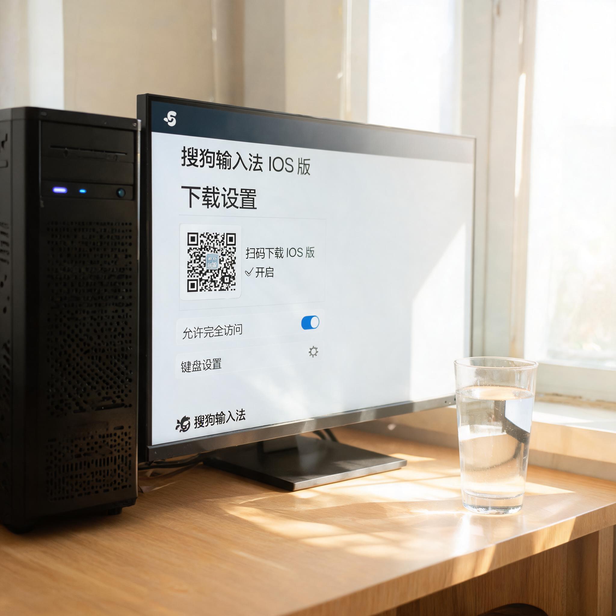 书桌上的主机，屏幕显示搜狗输入法 iOS 版下载设置界面，桌角放着水杯，自然光