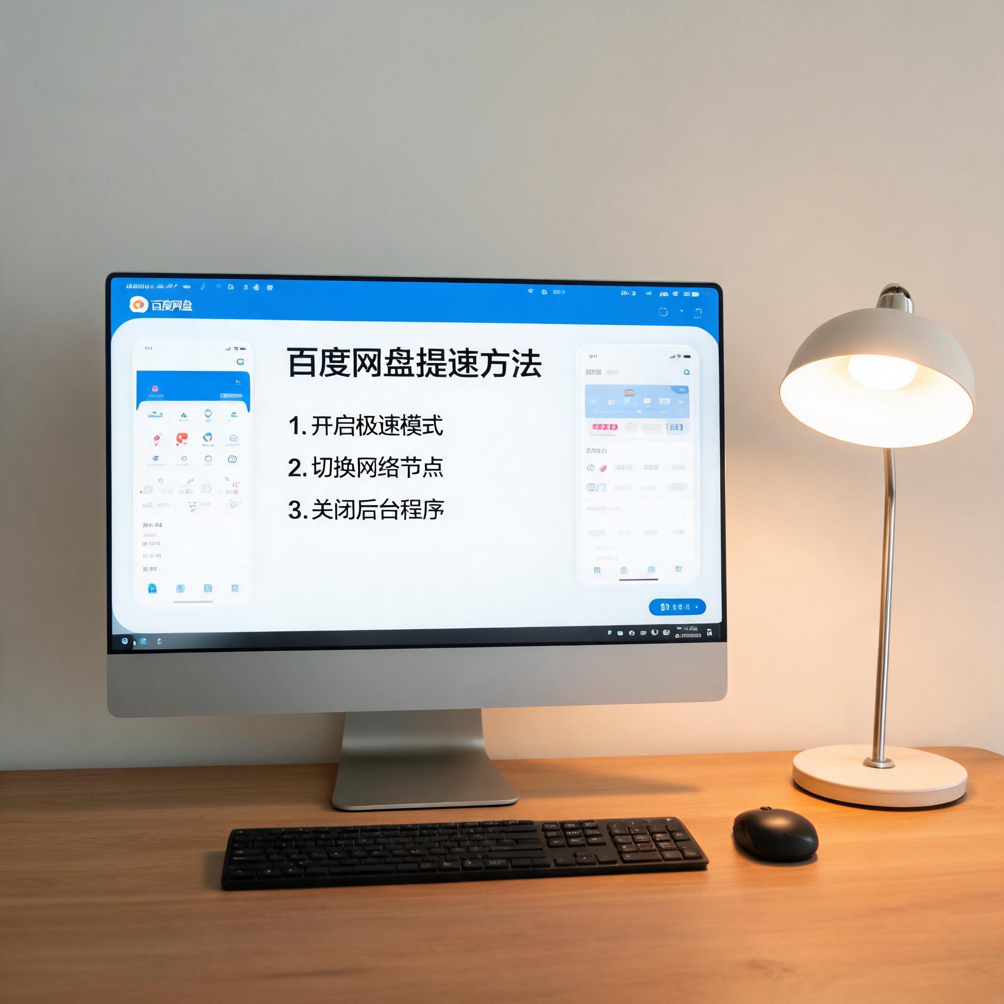 电脑桌上的电脑，屏幕显示百度网盘提速方法手机界面，旁边放着台灯