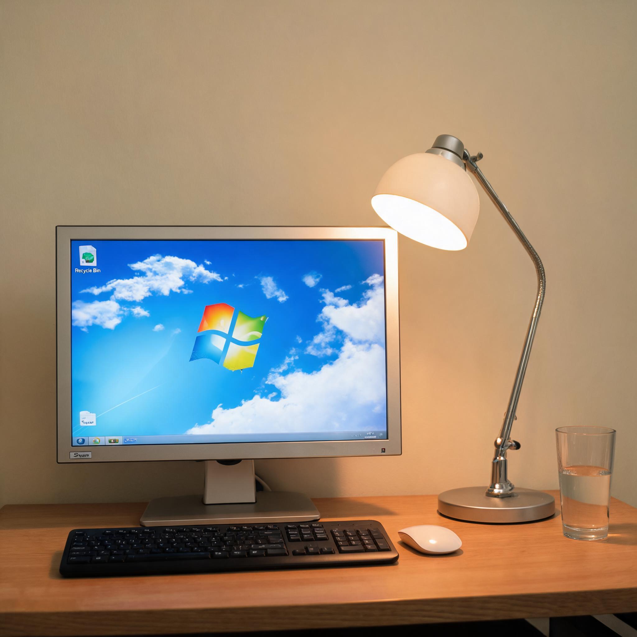 电脑桌上的电脑，屏幕显示Windows界面，旁边放着台灯