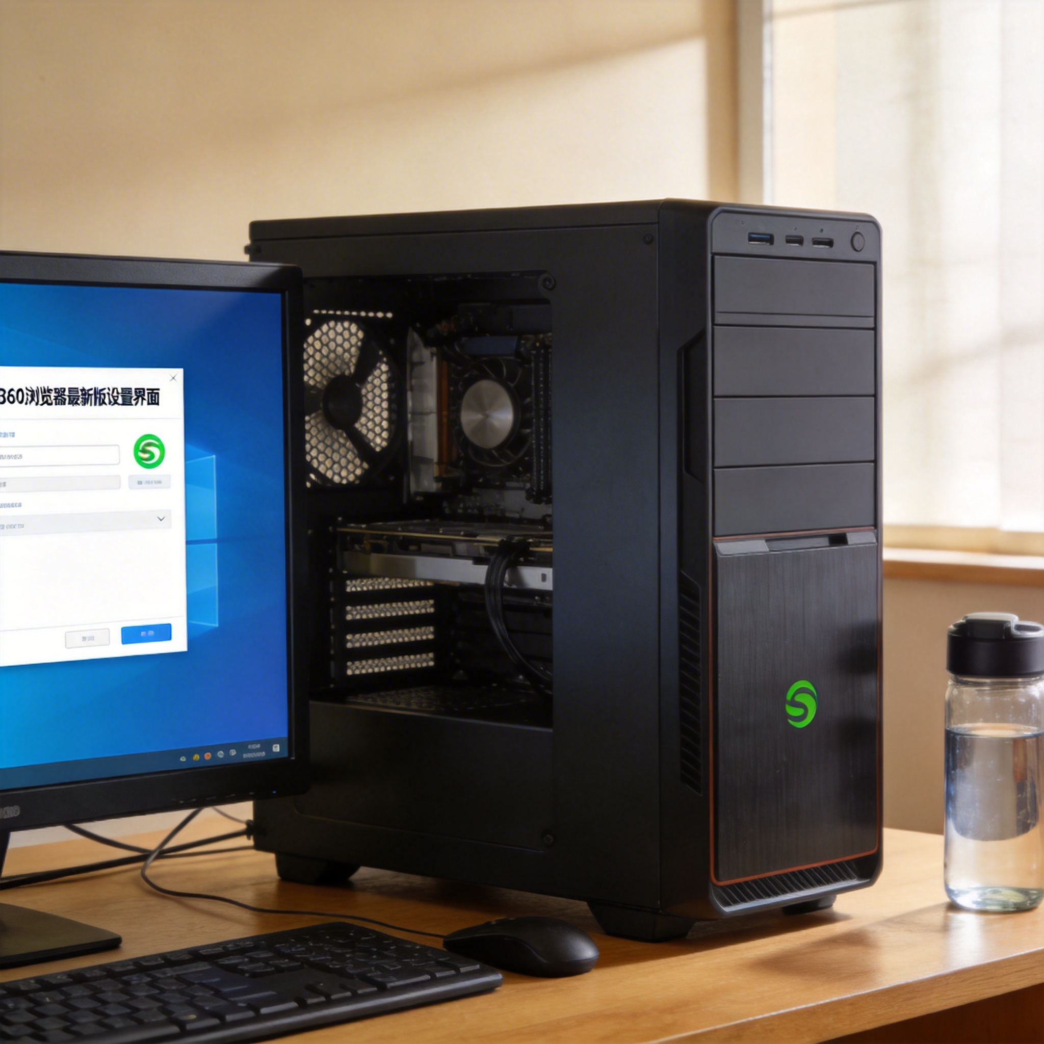 书桌上的主机，屏幕显示360 浏览器最新版设置界面，桌角放着水杯，自然光