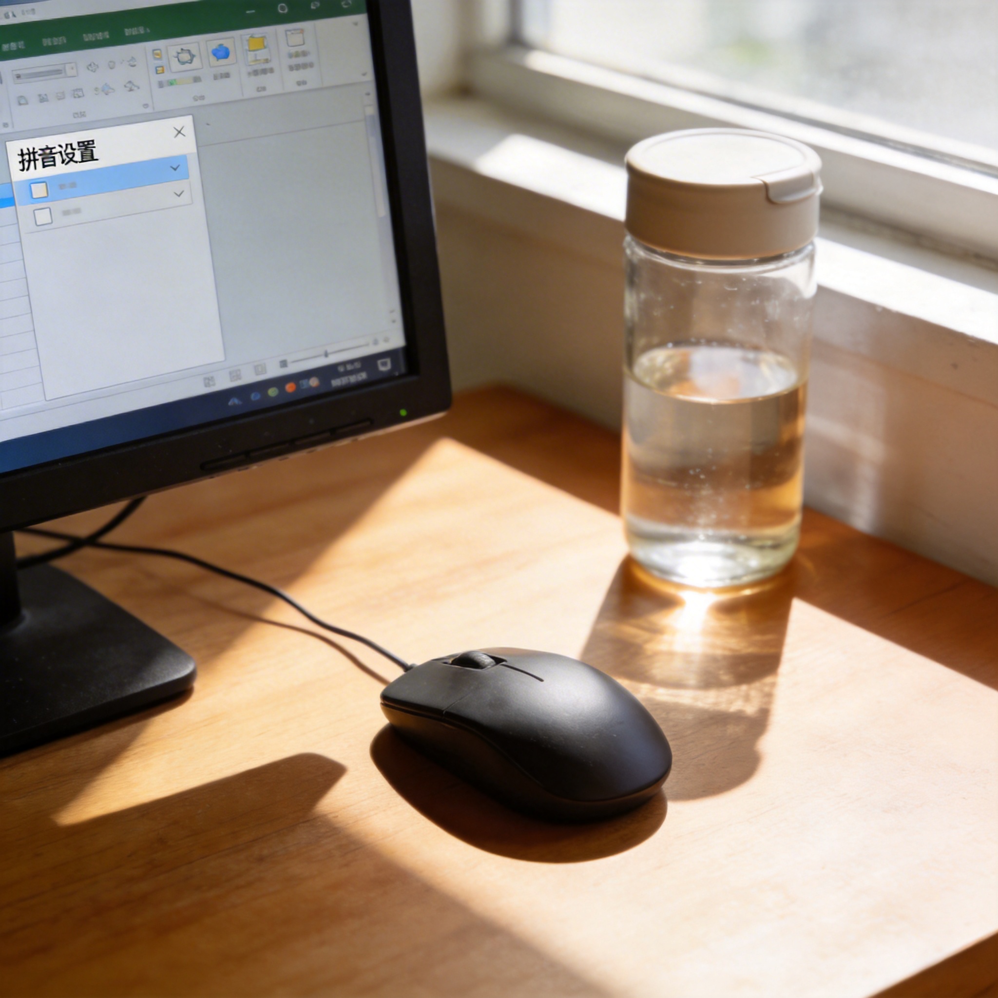 书桌上的鼠标，屏幕显示搜狗输入法如何切换拼音设置界面，桌角放着水杯，自然光