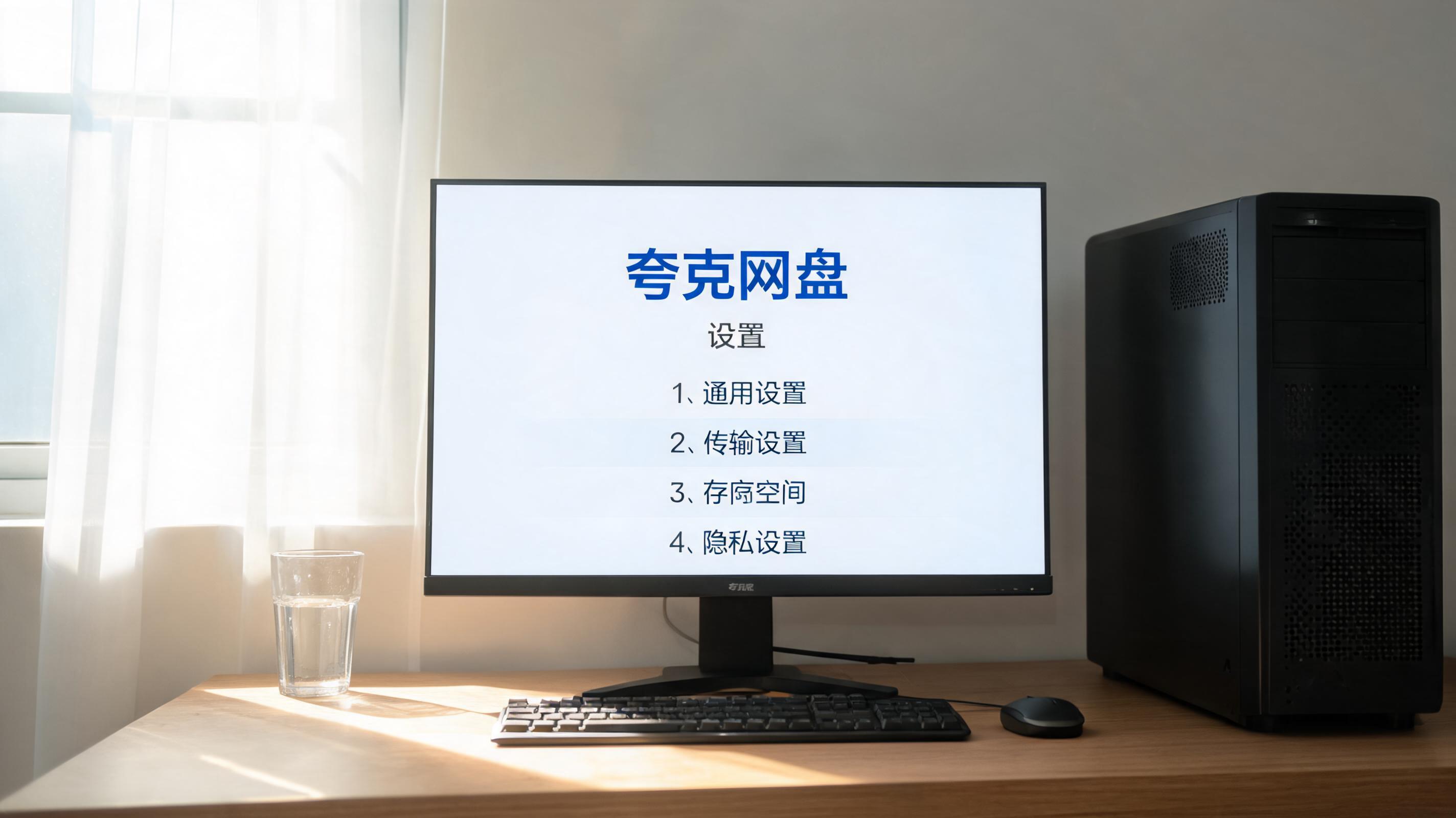 书桌上的主机，屏幕显示夸克网盘设置界面，桌角放着水杯，自然光