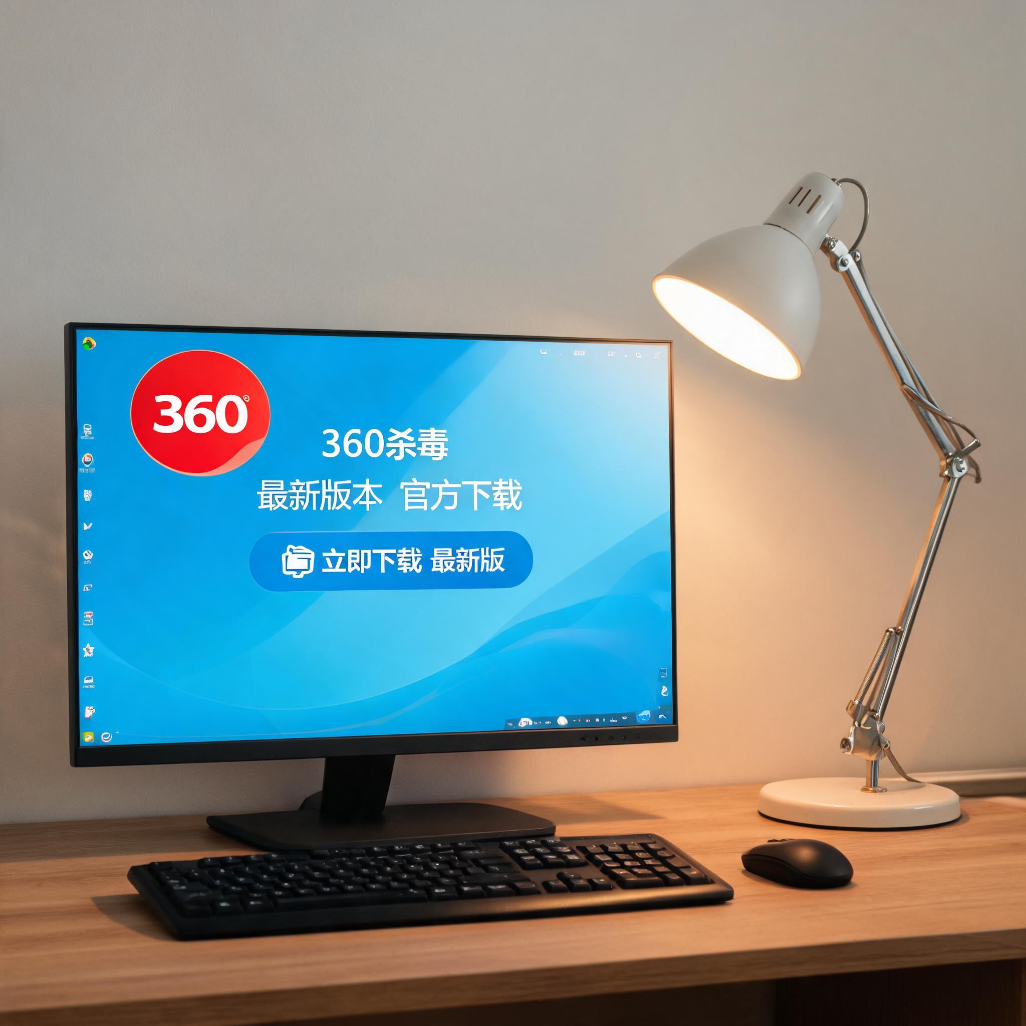 电脑桌上的电脑，屏幕显示360 杀毒最新版本下载界面，旁边放着台灯