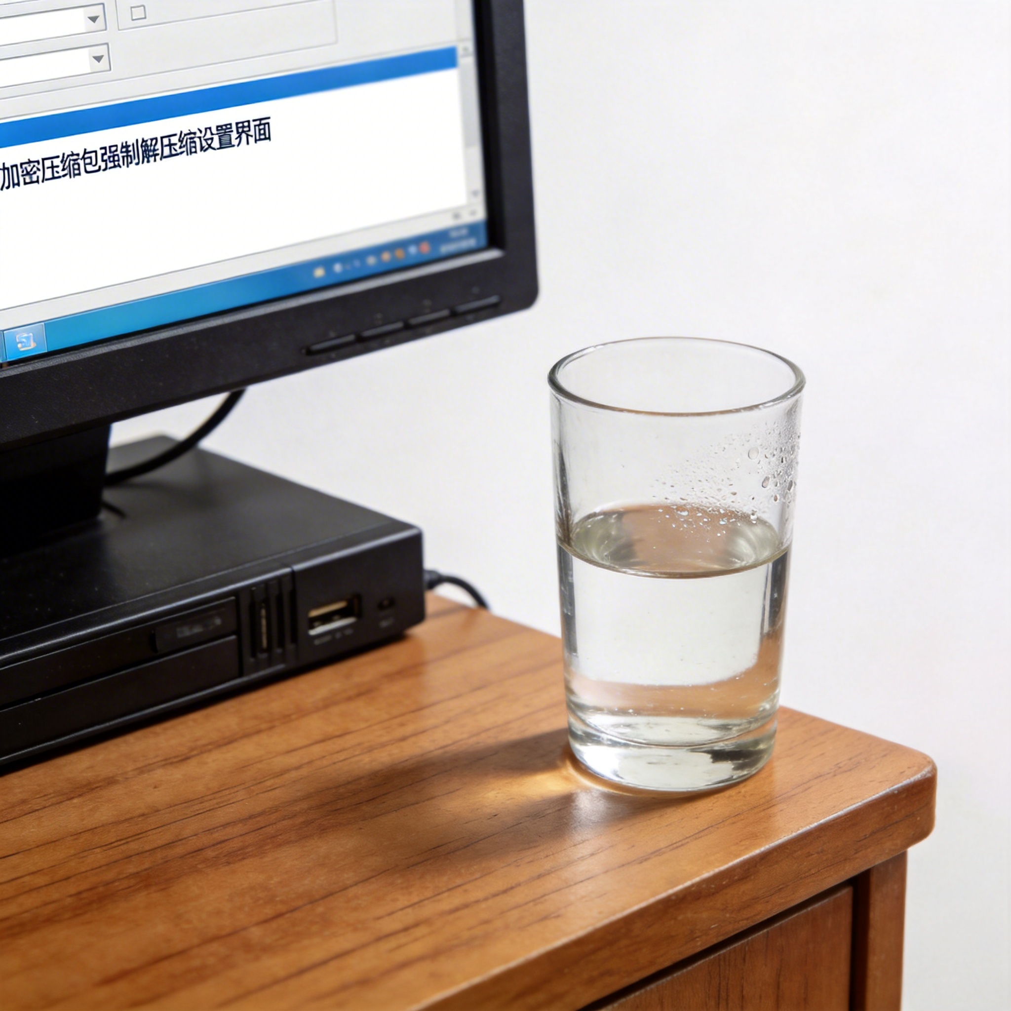 书桌上的主机，屏幕显示加密压缩包强制解压缩设置界面，桌角放着水杯，自然光