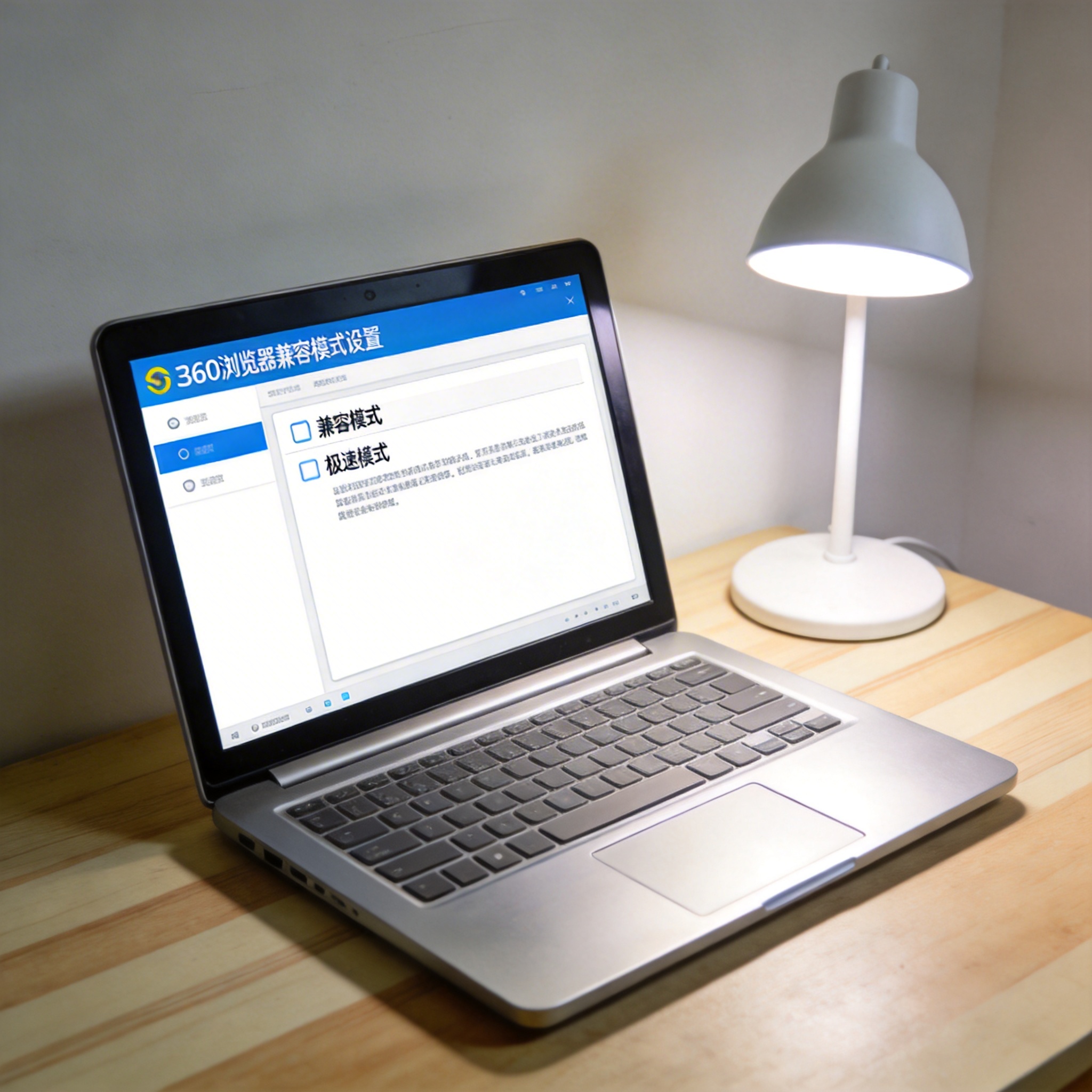电脑桌上的电脑，屏幕显示360 浏览器兼容模式设置菜单，旁边放着台灯