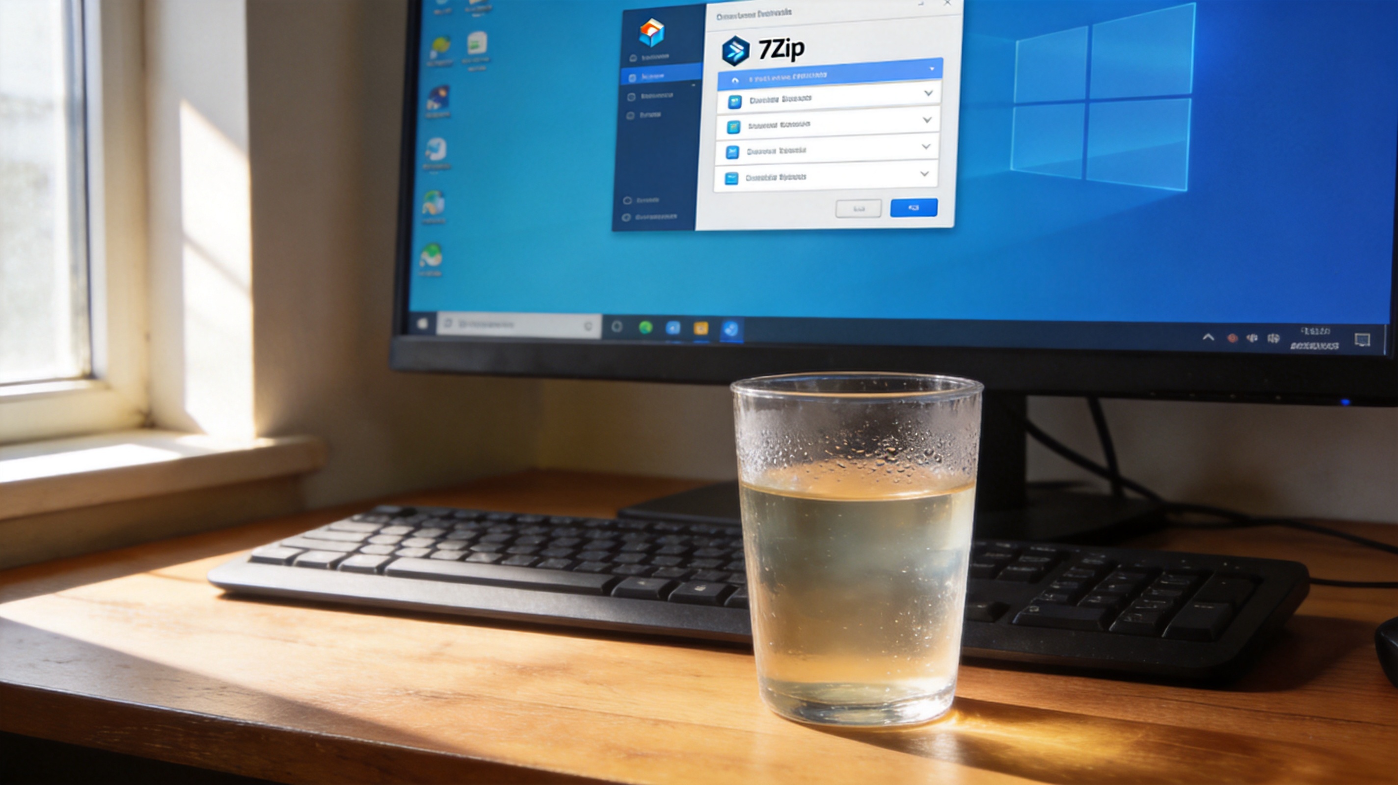 电脑桌的Windows系统电脑，屏幕显示7Zip软件的安装路径选择界面，桌面放着半杯温水，室内自然光