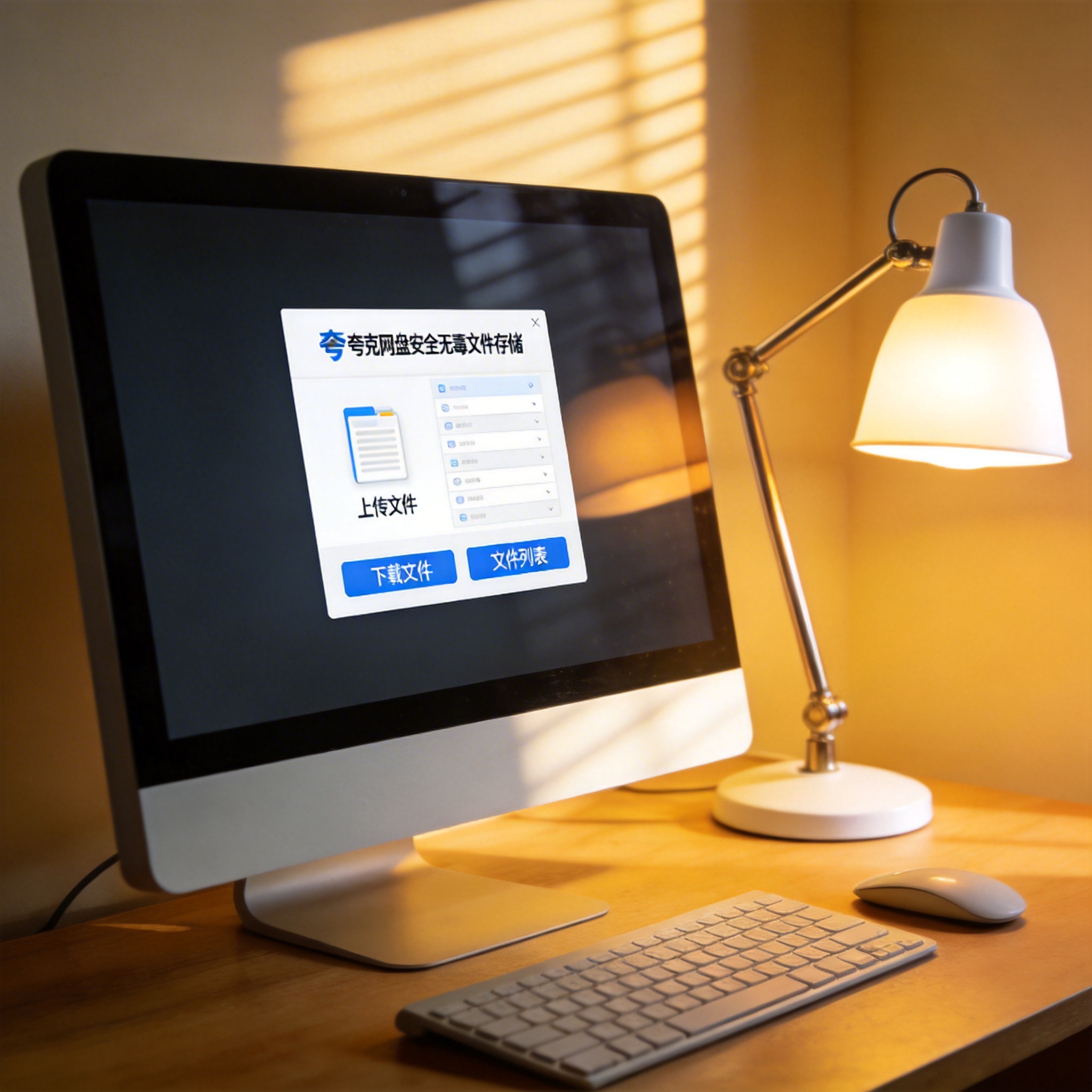 电脑桌上的电脑，屏幕显示夸克网盘安全无毒文件存储界面，旁边放着台灯