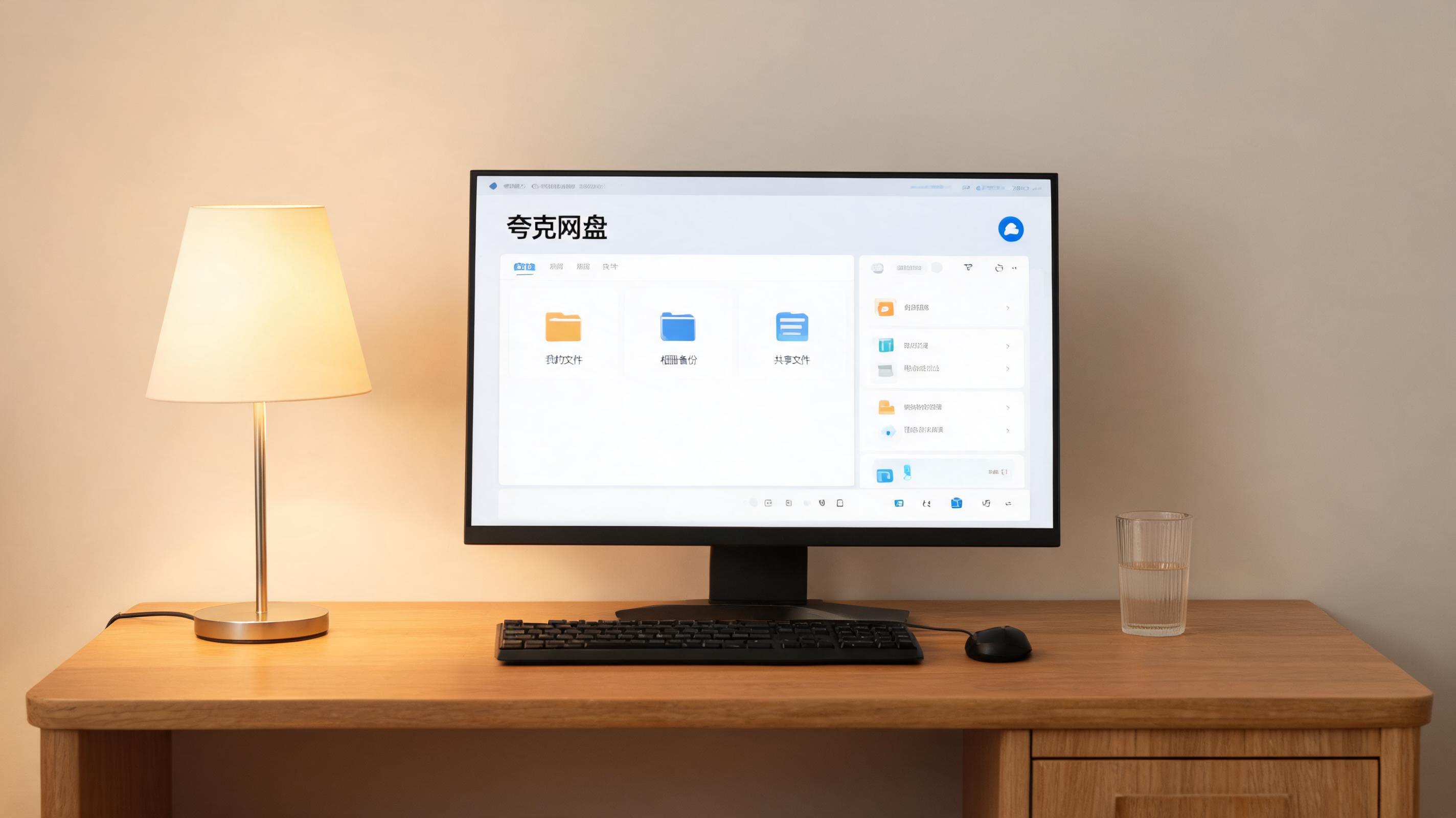 电脑桌上的电脑，屏幕显示夸克网盘桌面，旁边放着台灯