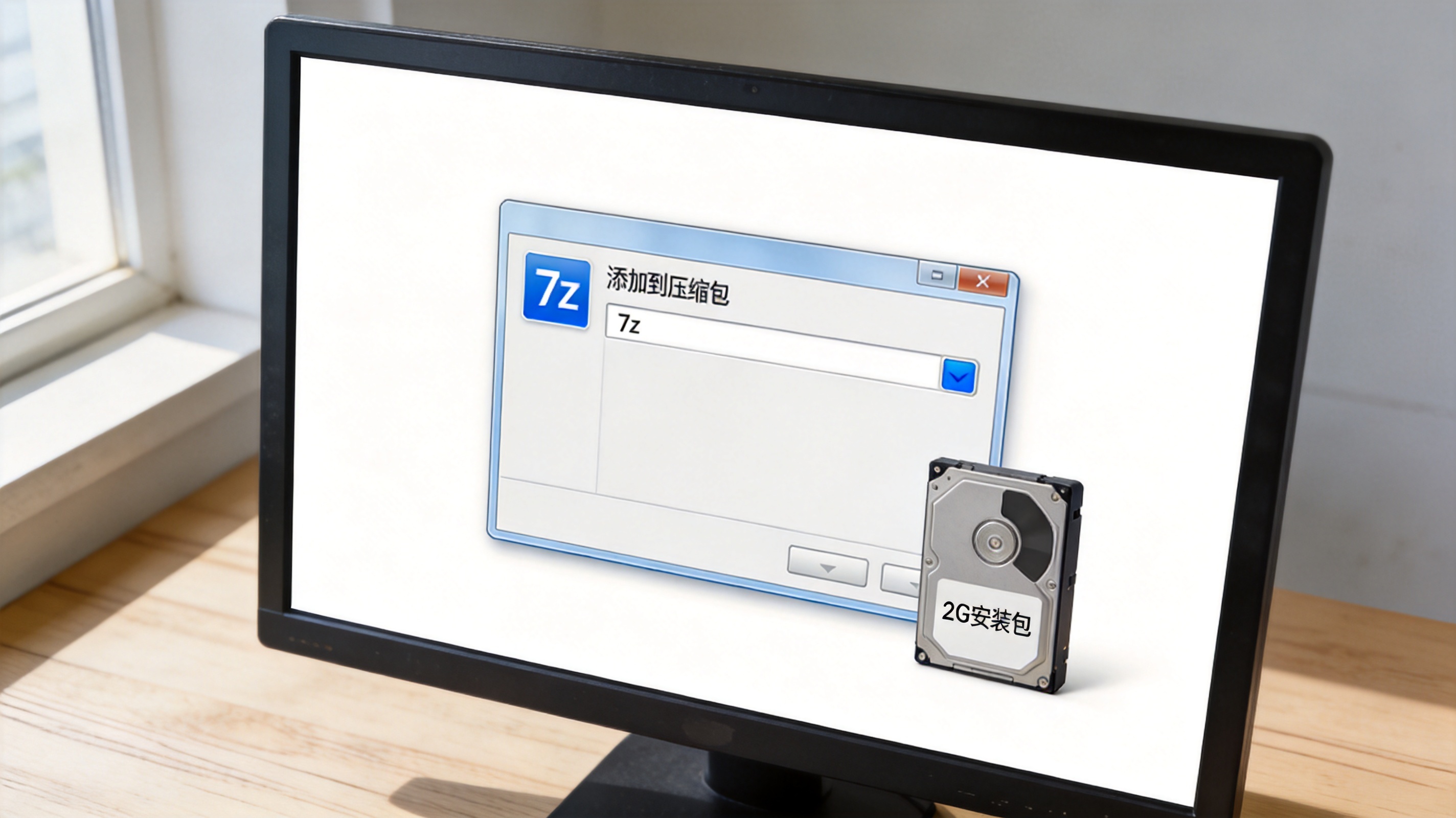 电脑桌面，屏幕显示7z压缩软件的“添加到压缩包”窗口，格式选项选中7z，旁边放着存有2G安装包的硬盘，室内自然光