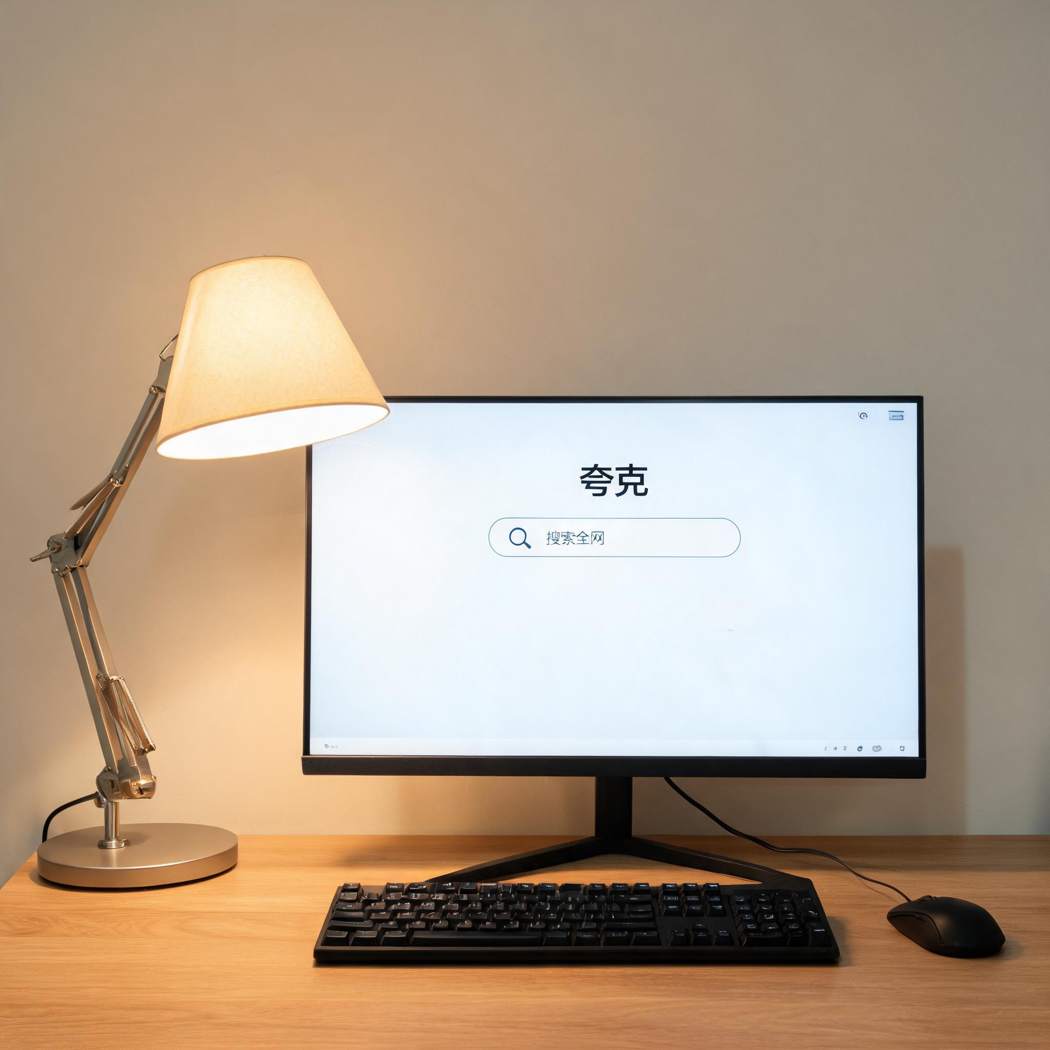 电脑桌上的电脑，屏幕显示夸克界面，旁边放着台灯