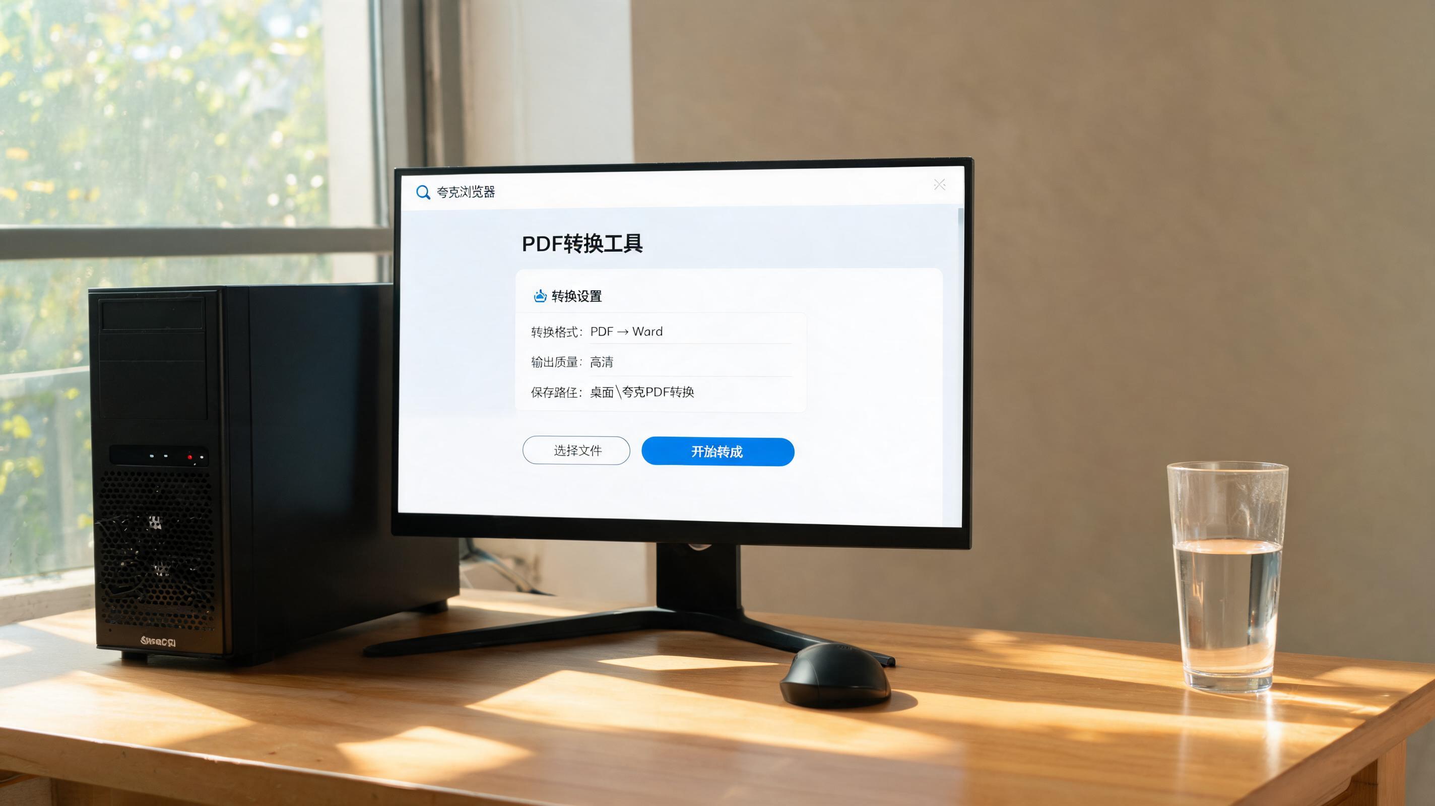 书桌上的主机，屏幕显示夸克浏览器 PDF 转换工具设置界面，桌角放着水杯，自然光