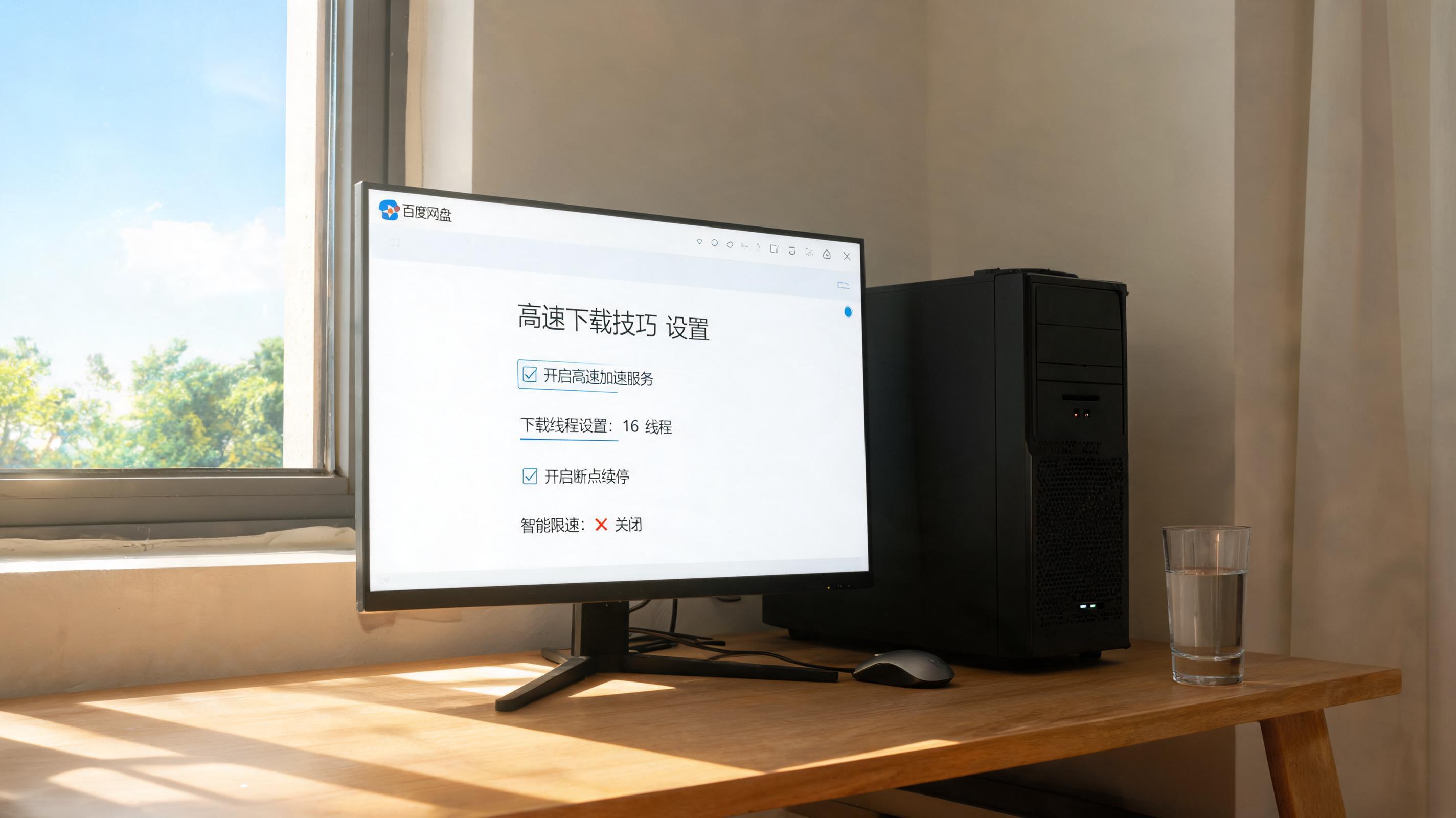 书桌上的主机，屏幕显示百度网盘高速下载技巧设置界面，桌角放着水杯，自然光