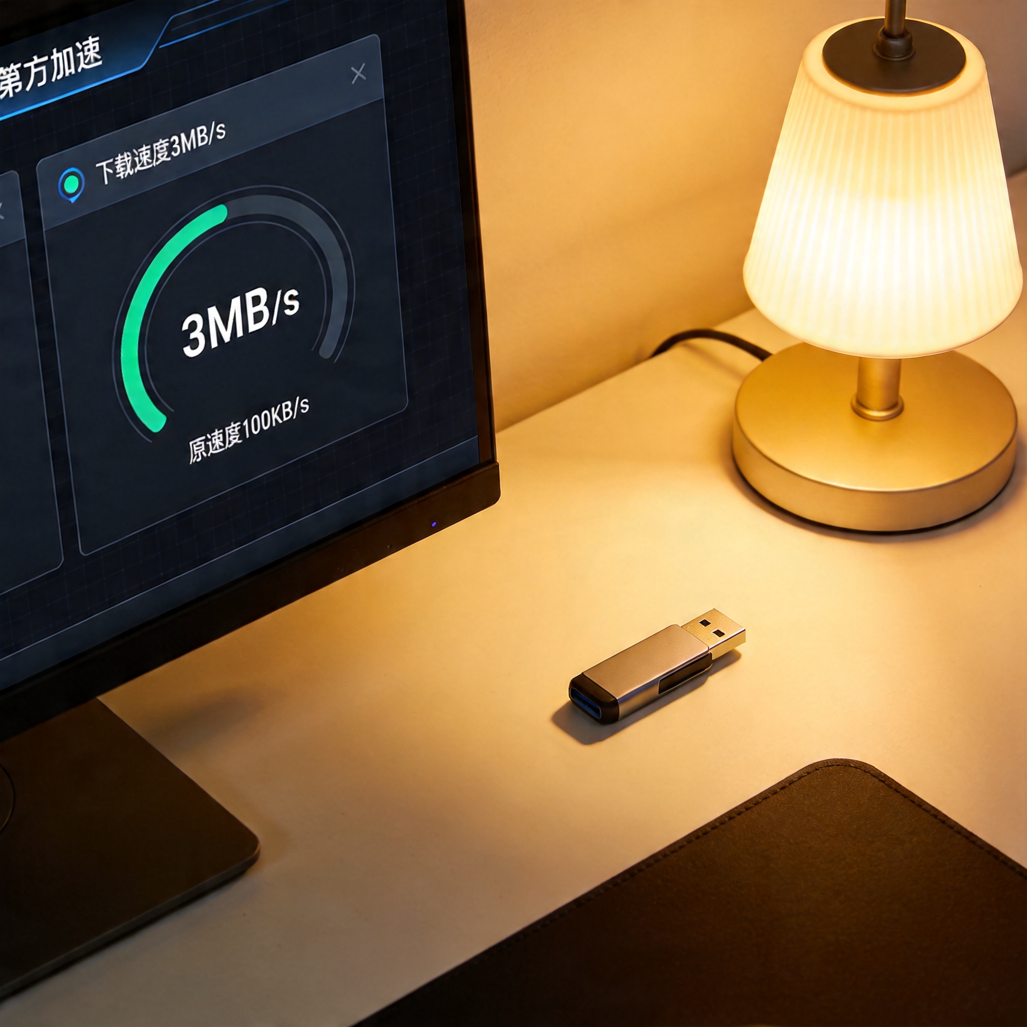 电脑屏幕显示第三方加速工具界面，界面上标注下载速度3MB/s，原速度100KB/s，桌面角落有U盘，台灯暖光