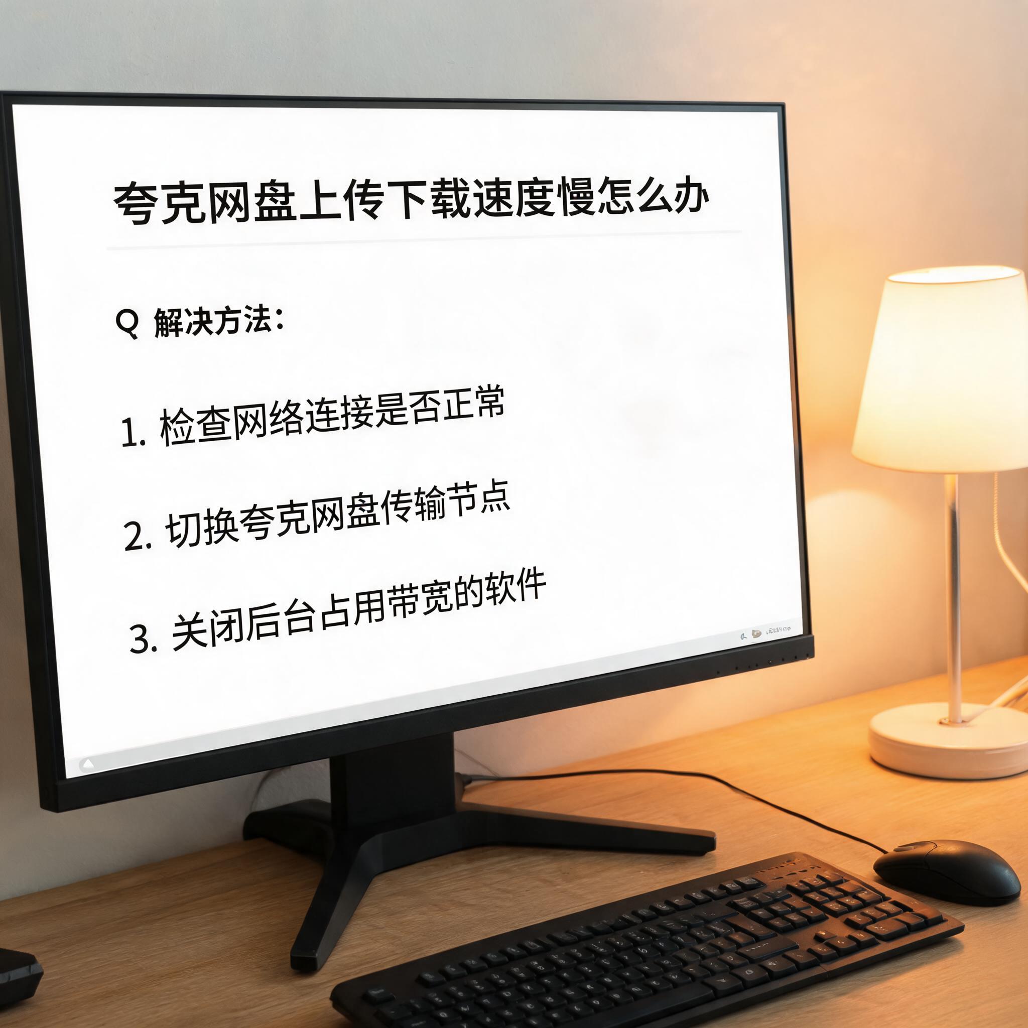 电脑桌上的电脑，屏幕显示夸克网盘上传下载速度慢怎么办界面，旁边放着台灯
