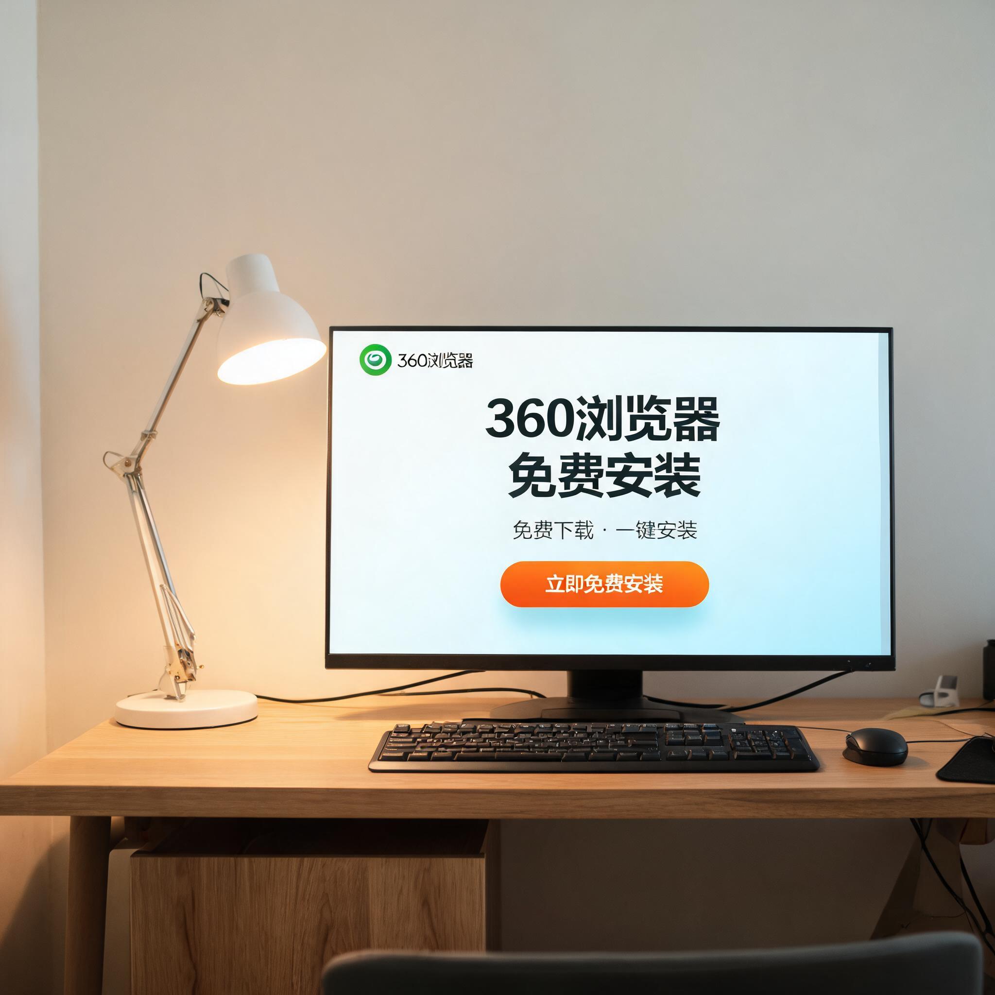 电脑桌上的电脑，屏幕显示360 浏览器免费安装界面，旁边放着台灯