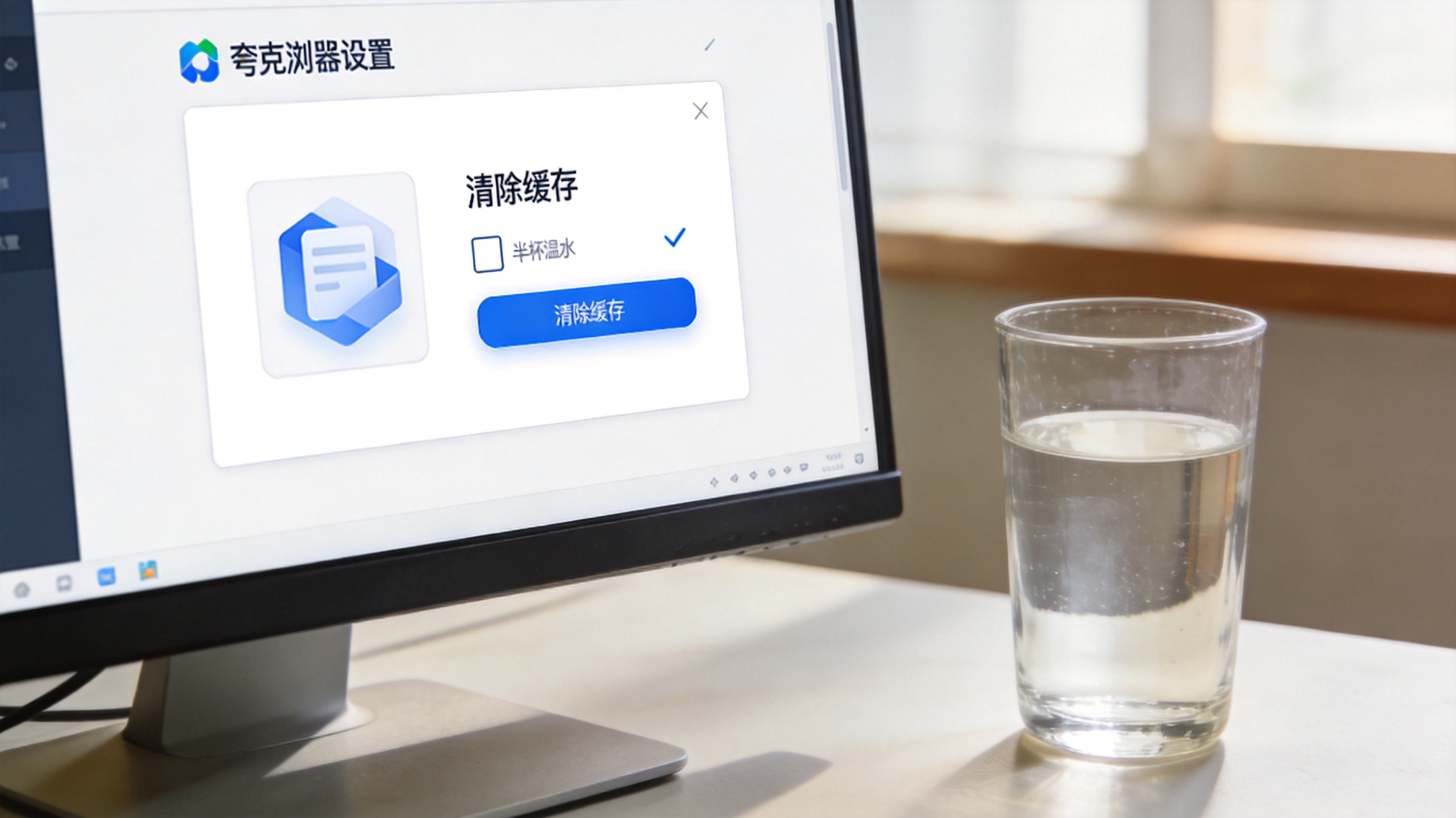 电脑桌面，屏幕显示夸克浏览器隐私设置界面，界面上有“清除缓存”按钮和勾选框，旁边放着半杯温水，室内自然光